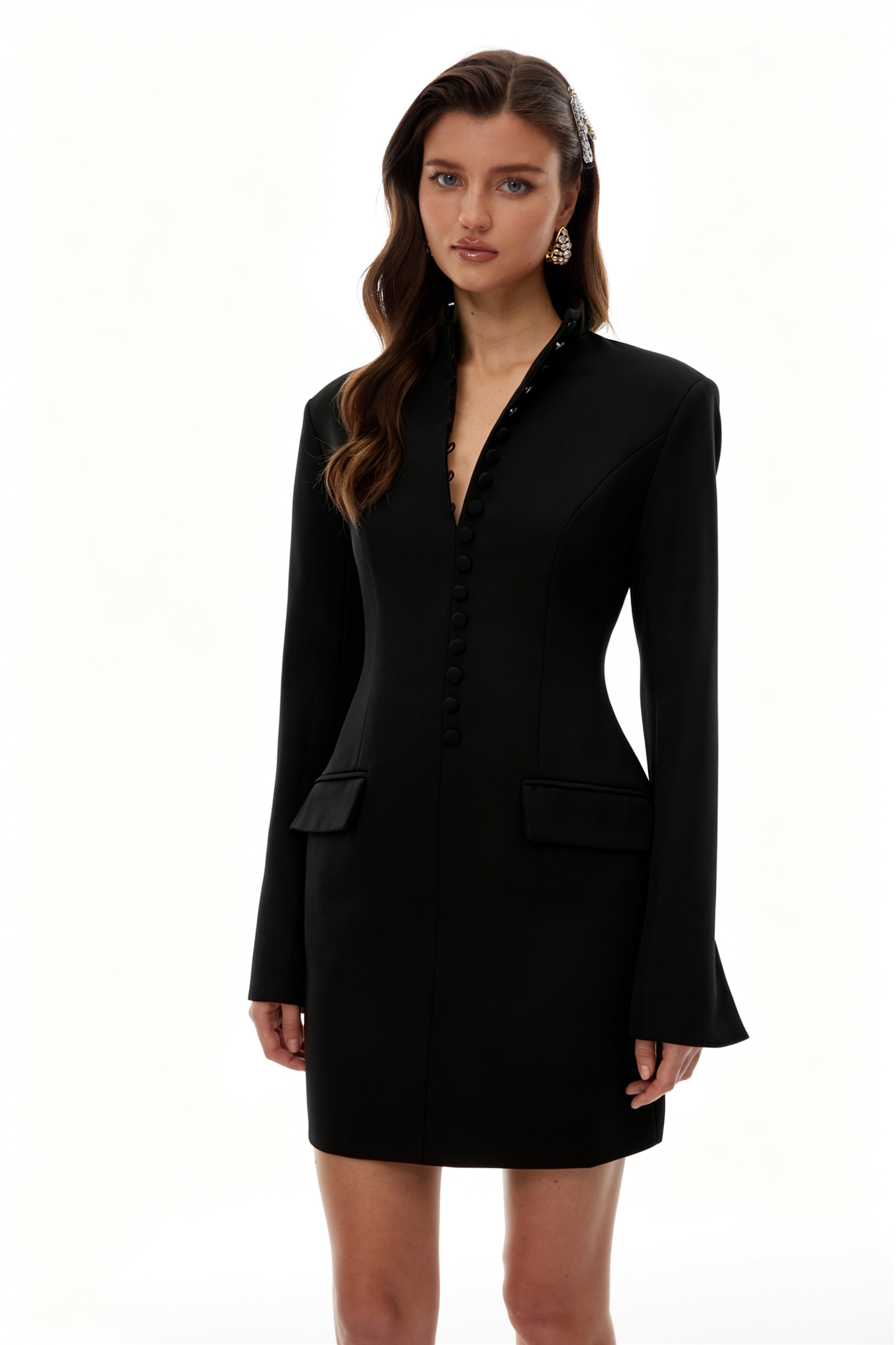 Valeria Black Minikleid mit Stehkragen und langen Ärmeln