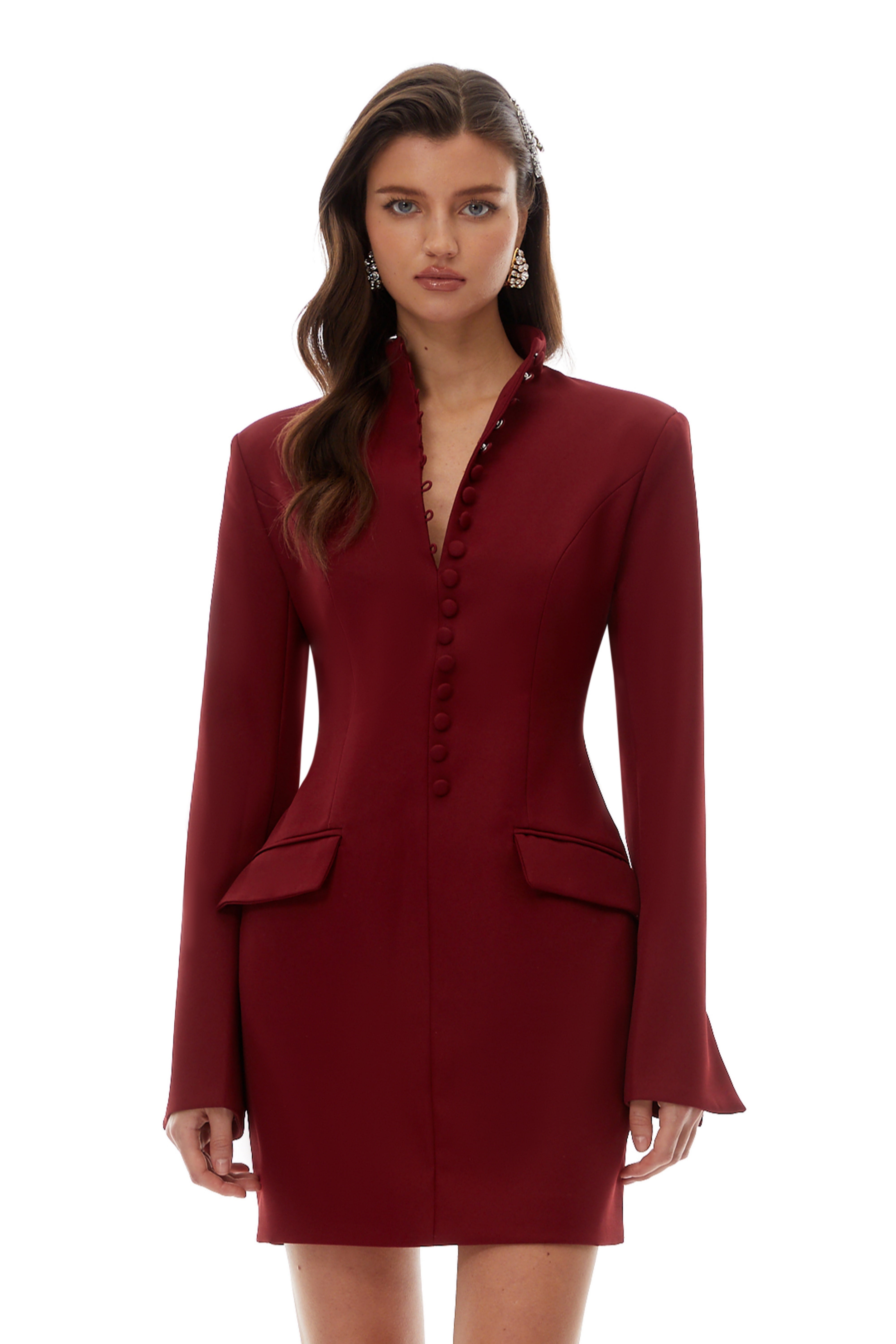 Valeria Burgunderrotes Minikleid mit Stehkragen und langen Ärmeln