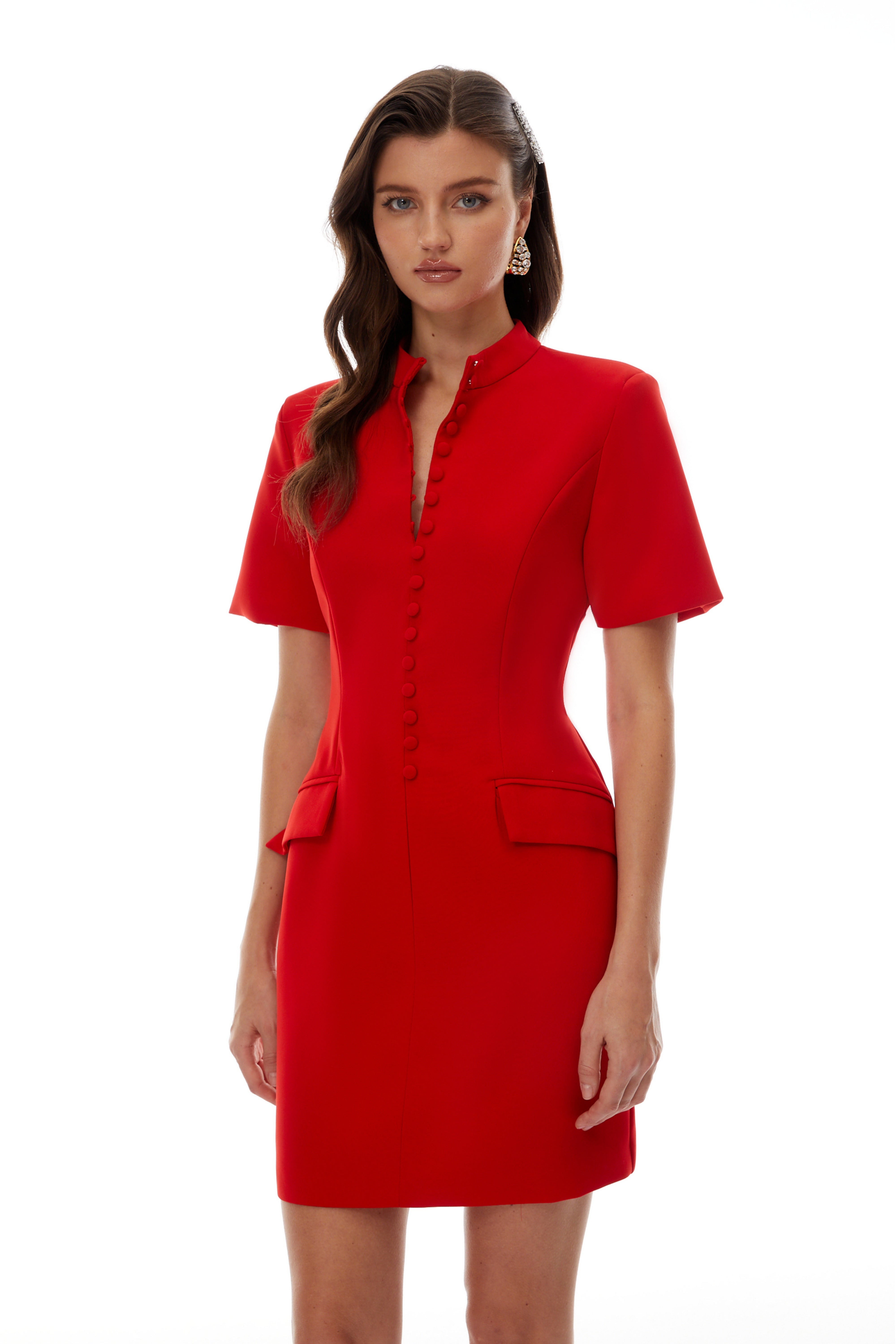 Valeria Red Stand Collar Short Sleeves Mini Dress