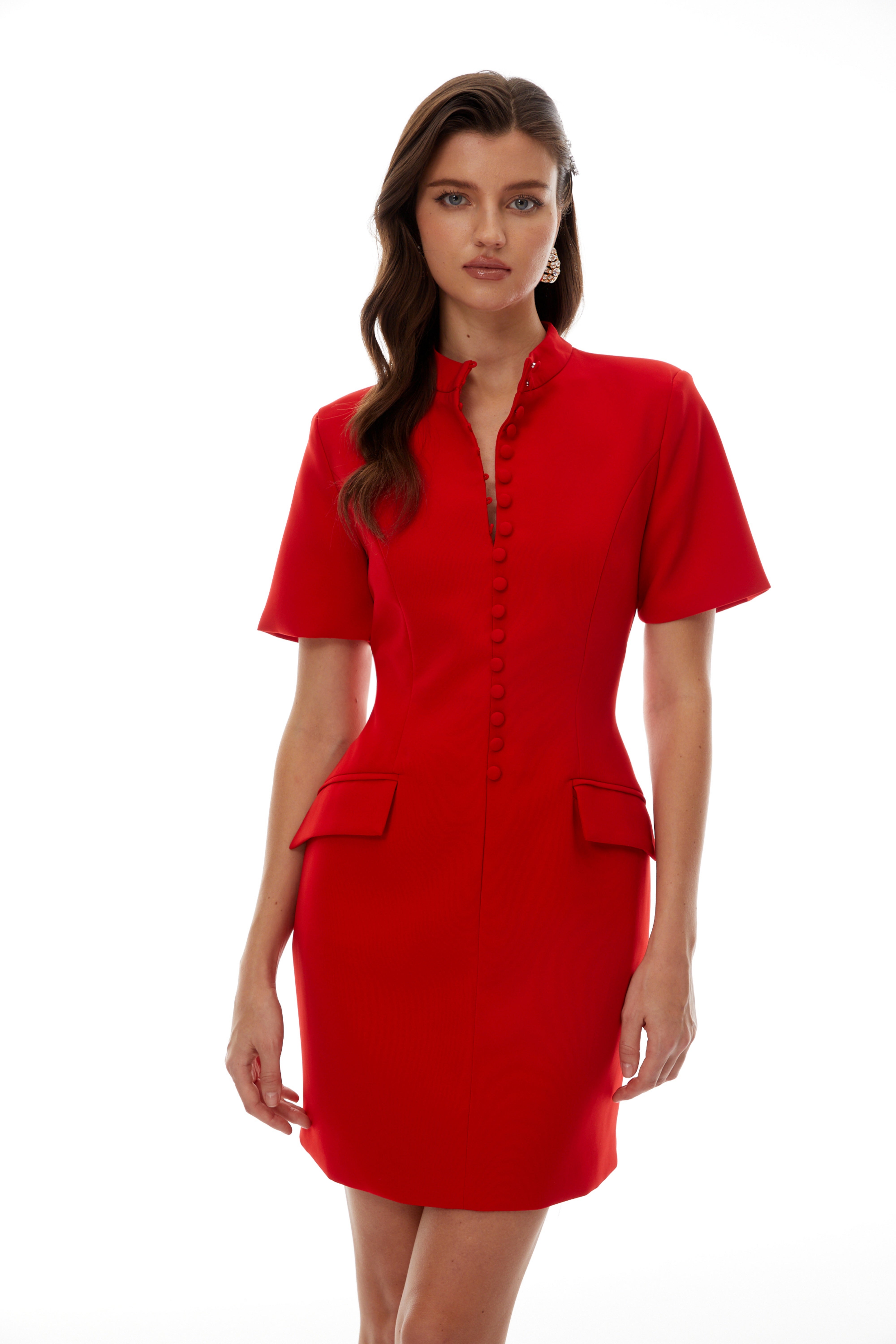 Valeria Red Stand Collar Short Sleeves Mini Dress
