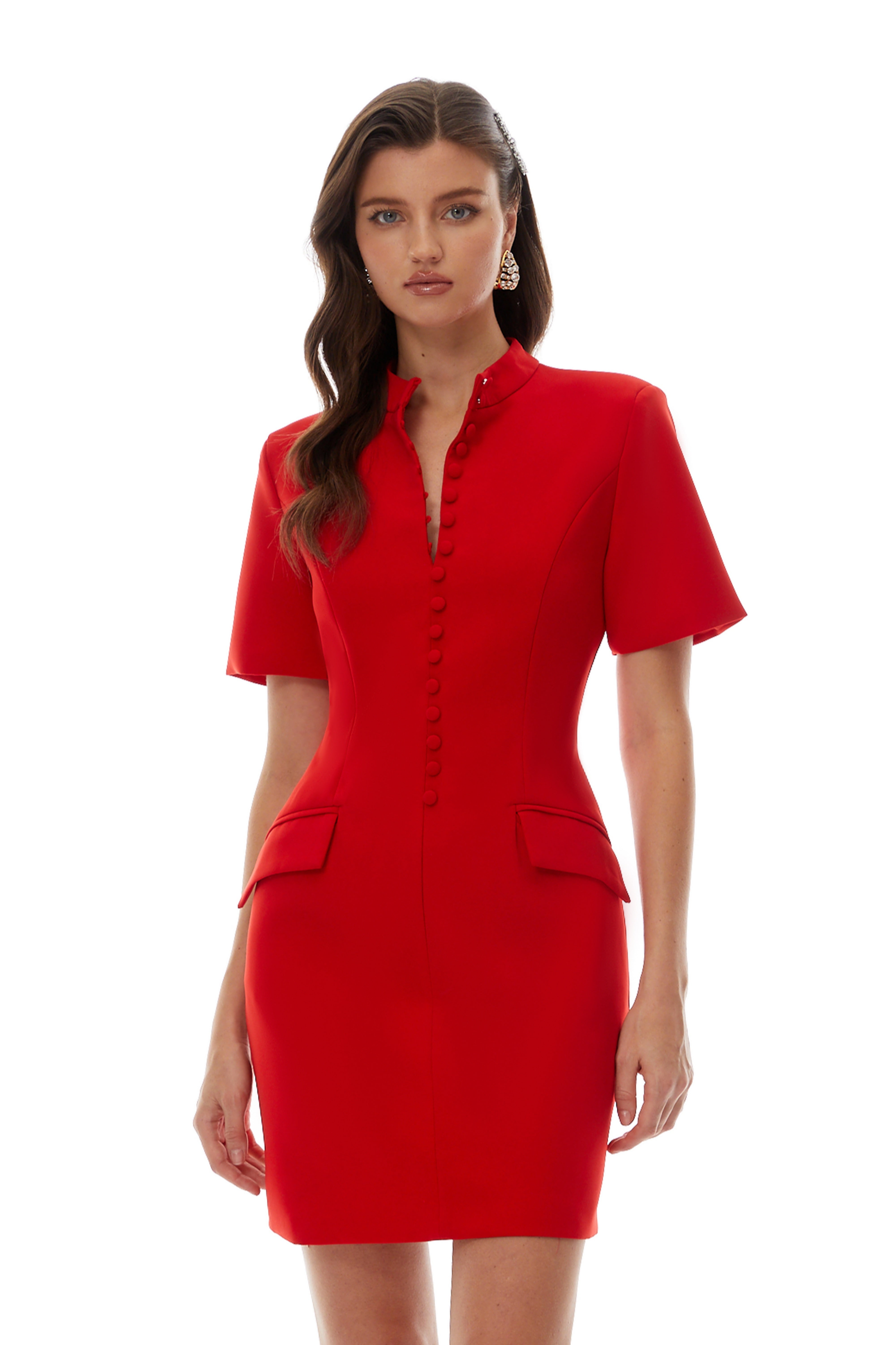 Valeria Red Stand Collar Short Sleeves Mini Dress