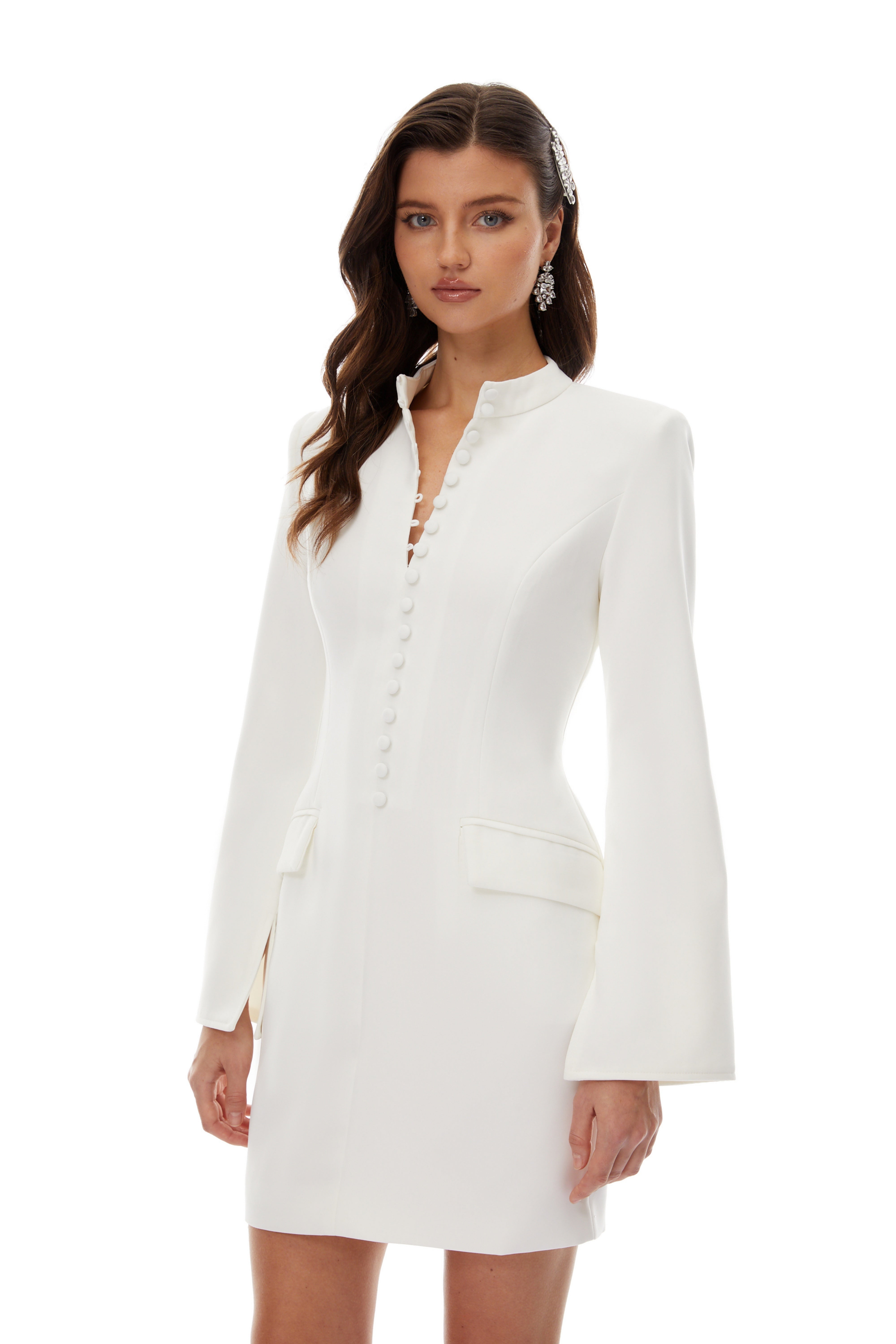 Valeria White Stand Collar Long Sleeves Mini Dress