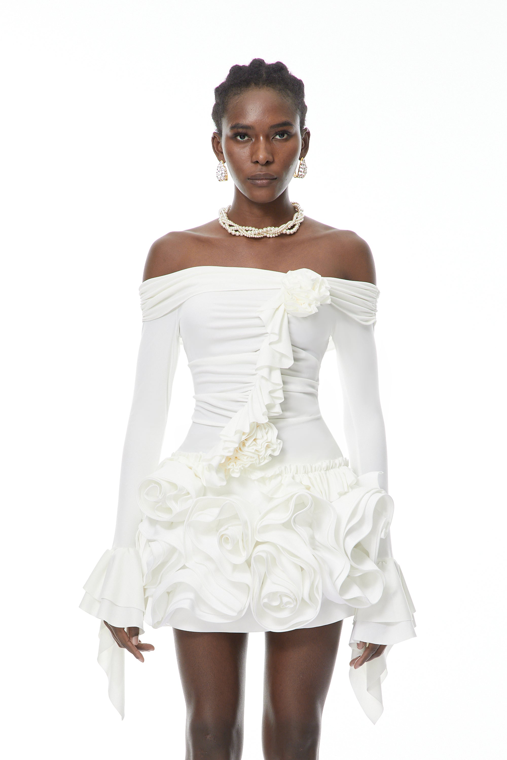 Vanessa White Blouse & Skirt Set with 3D Petals