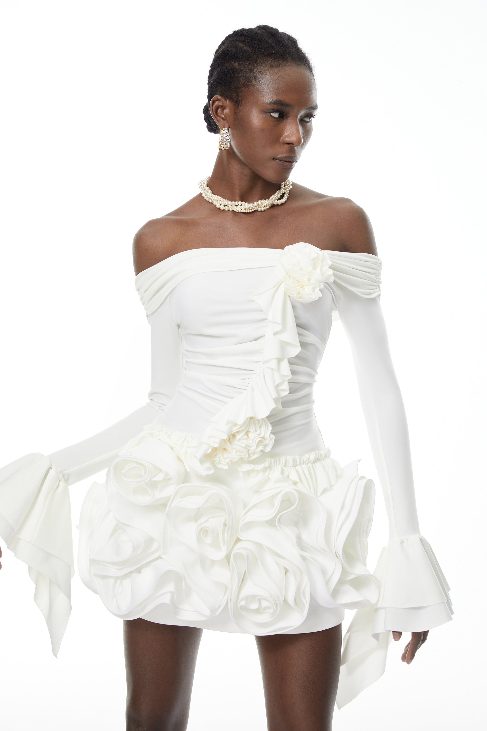 Vanessa White Blouse & Skirt Set with 3D Petals