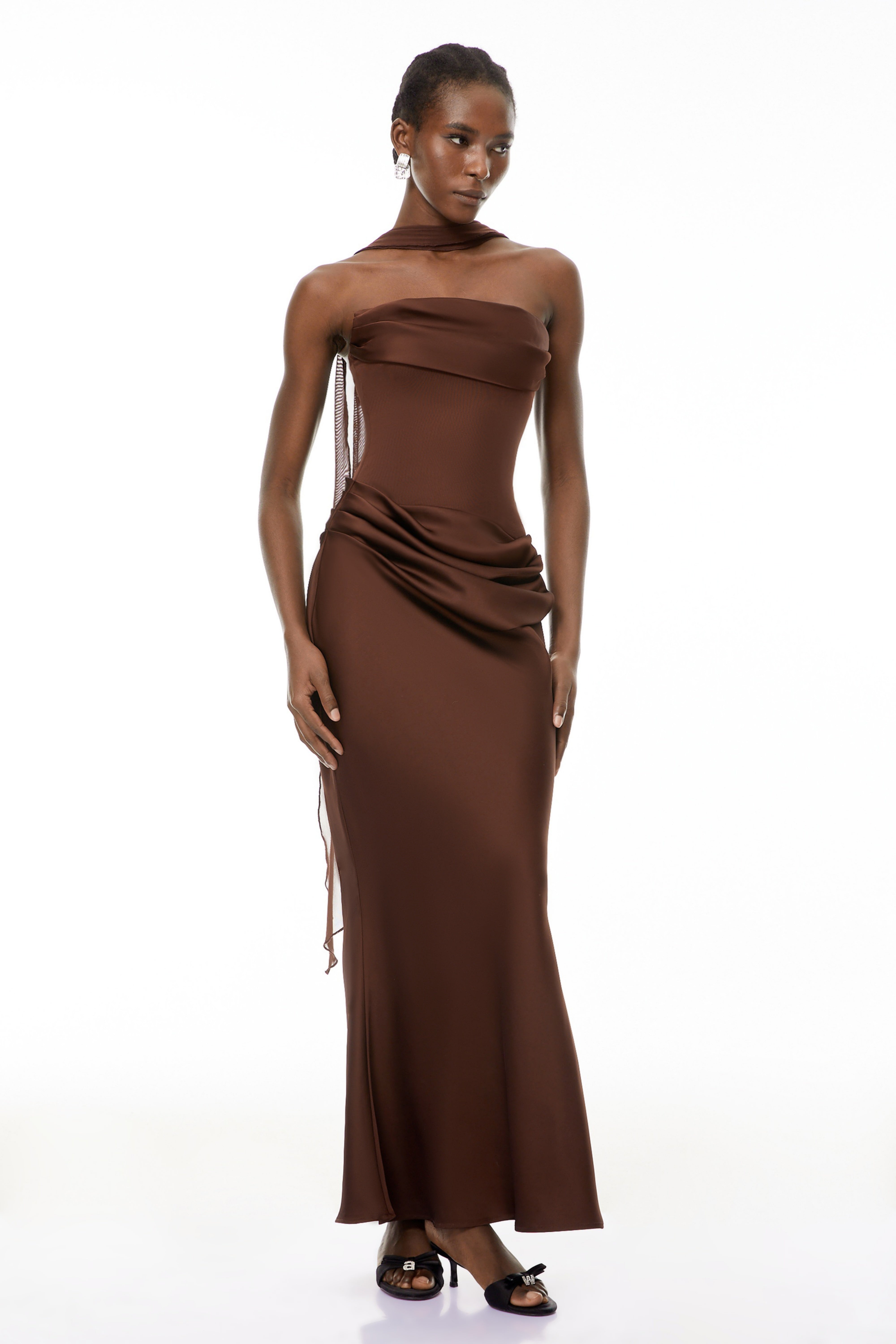 Vedette Brown Ruched Corset Maxi Dress (Without Gloves)