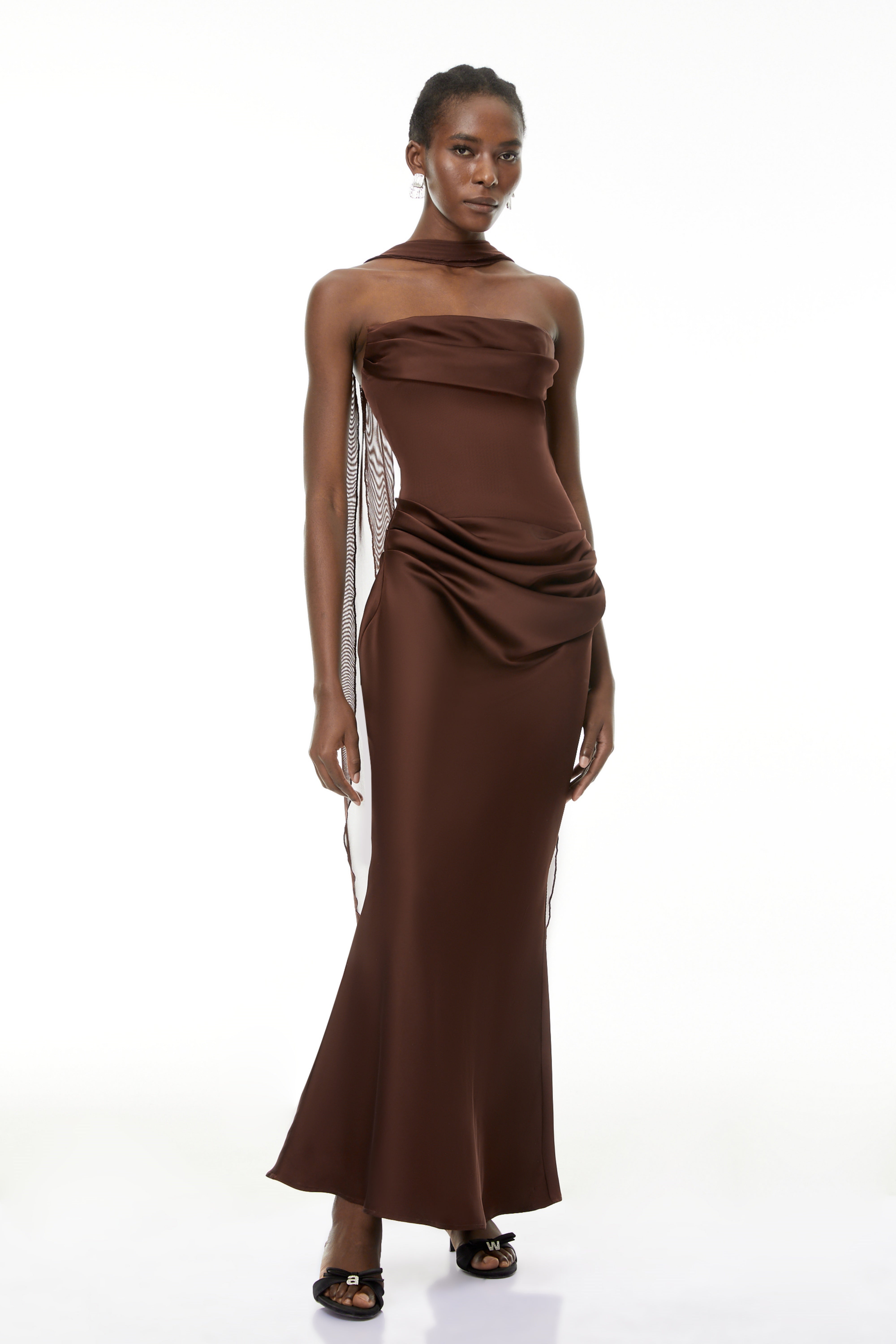 Vedette Brown Ruched Corset Maxi Dress (Without Gloves)