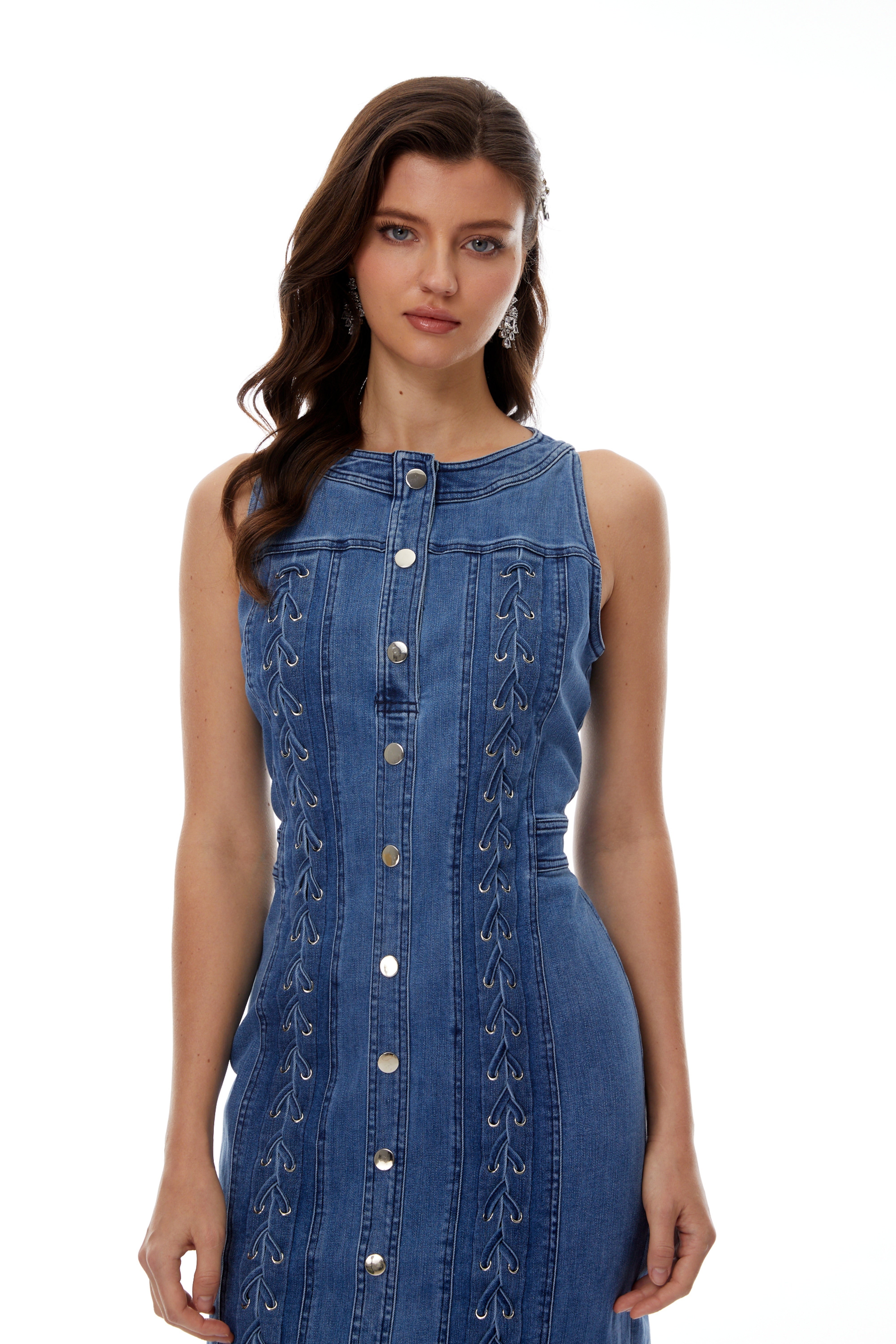 Veronika Blue Lace-Up Design Denim Mini Dress
