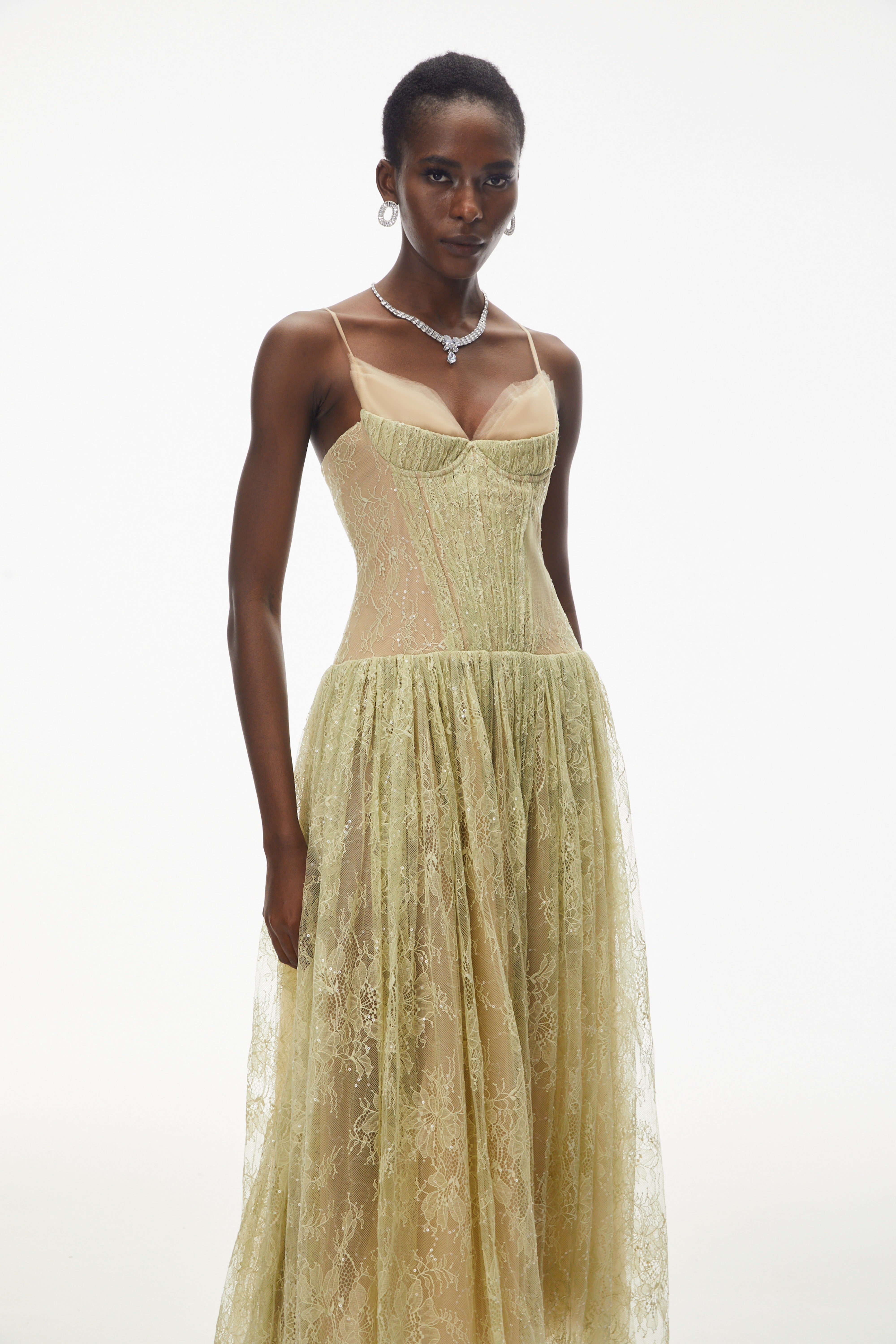 Robe longue en tulle à fleurs et dentelle verte Severine