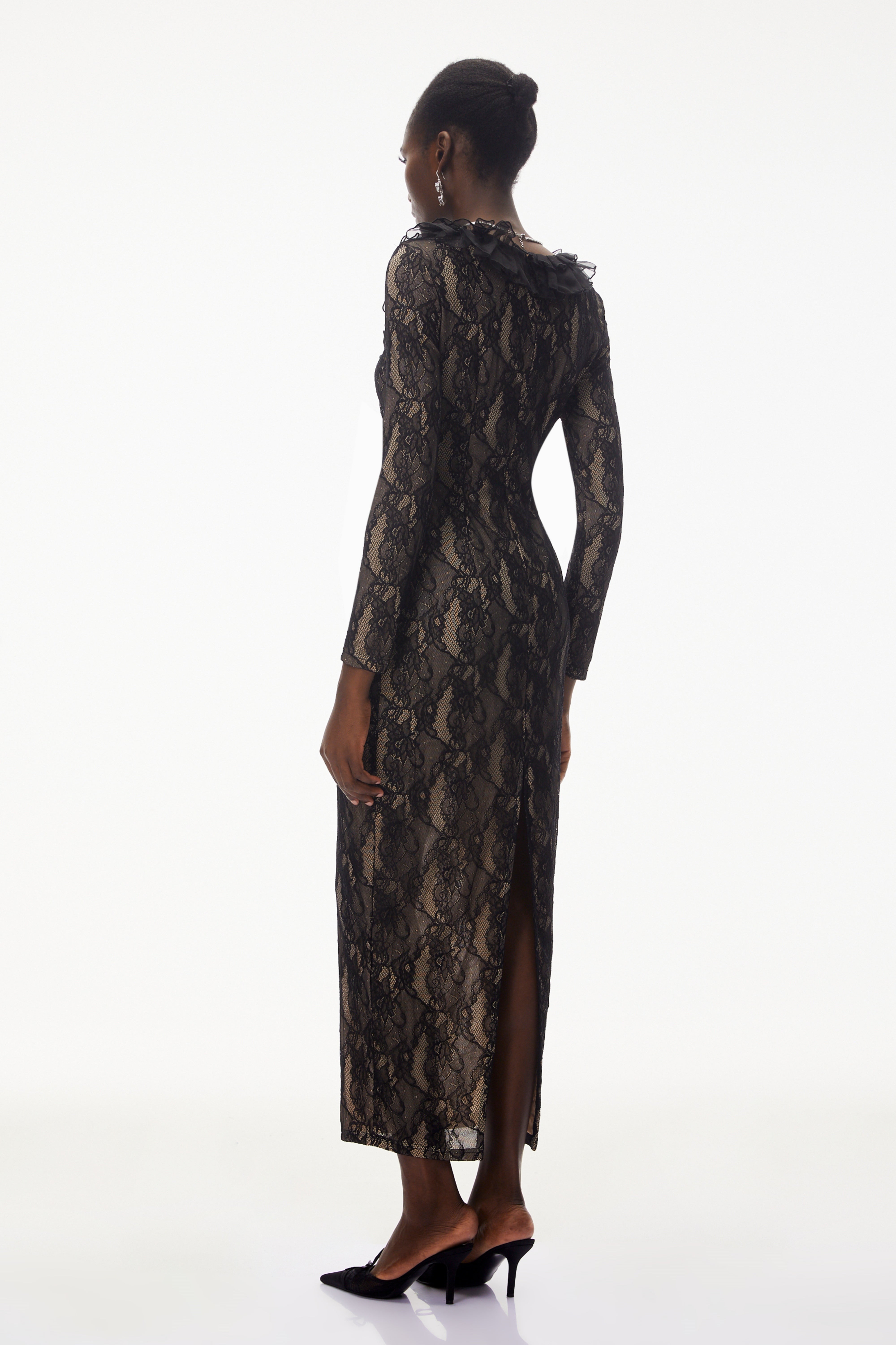 Vesna Black Ruffled Lace Midi Dress