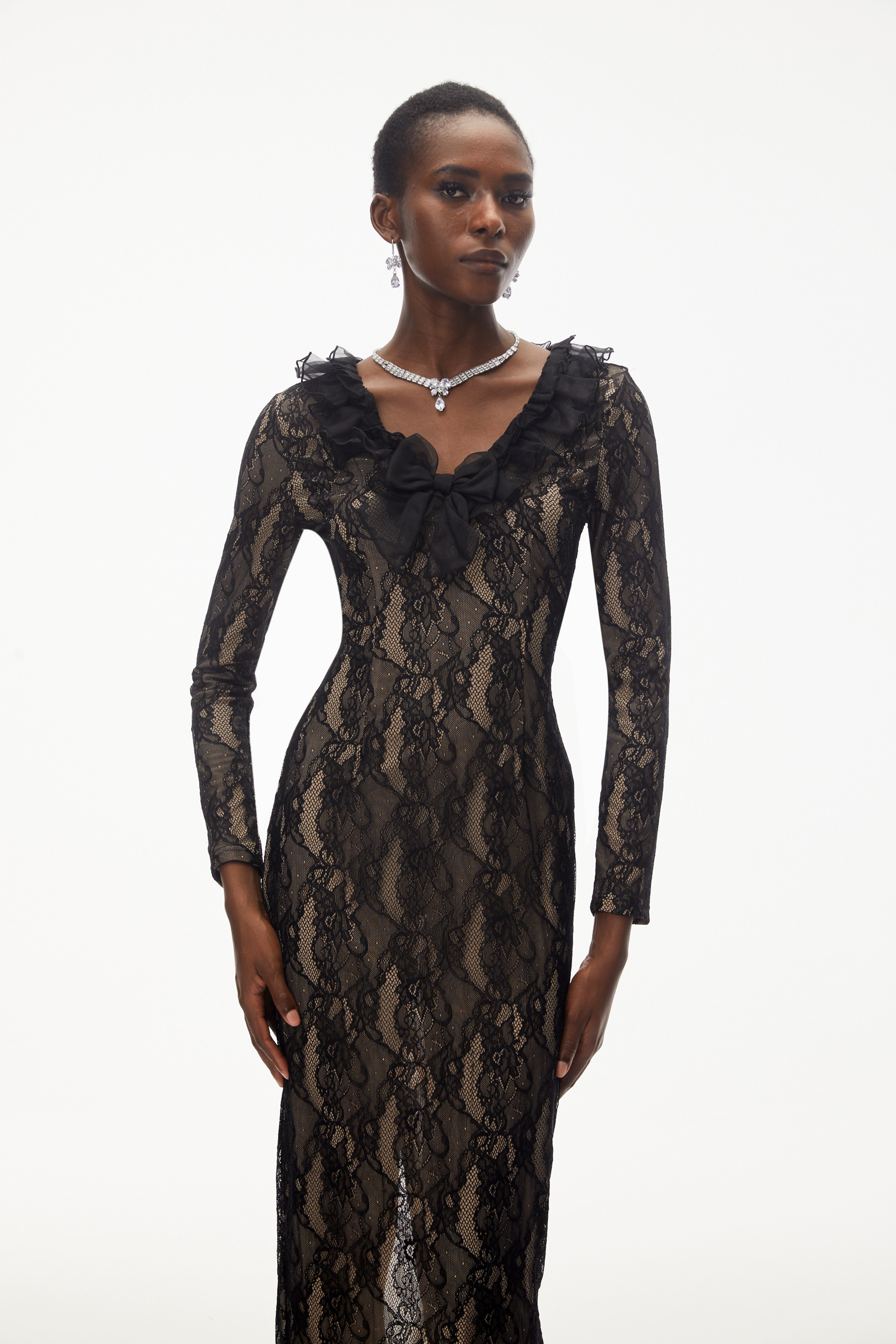 Vesna Black Ruffled Lace Midi Dress