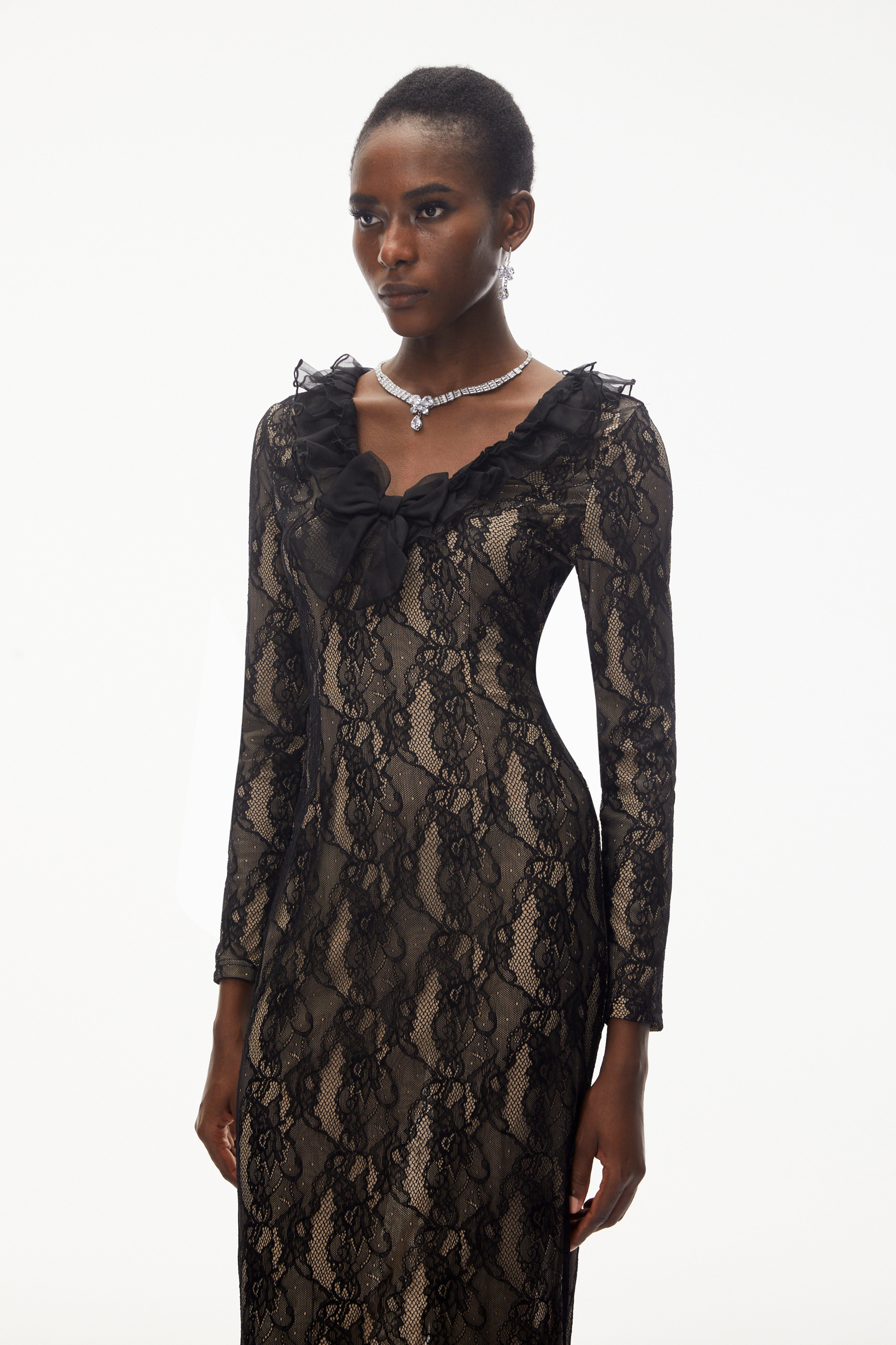 Vesna Black Ruffled Lace Midi Dress