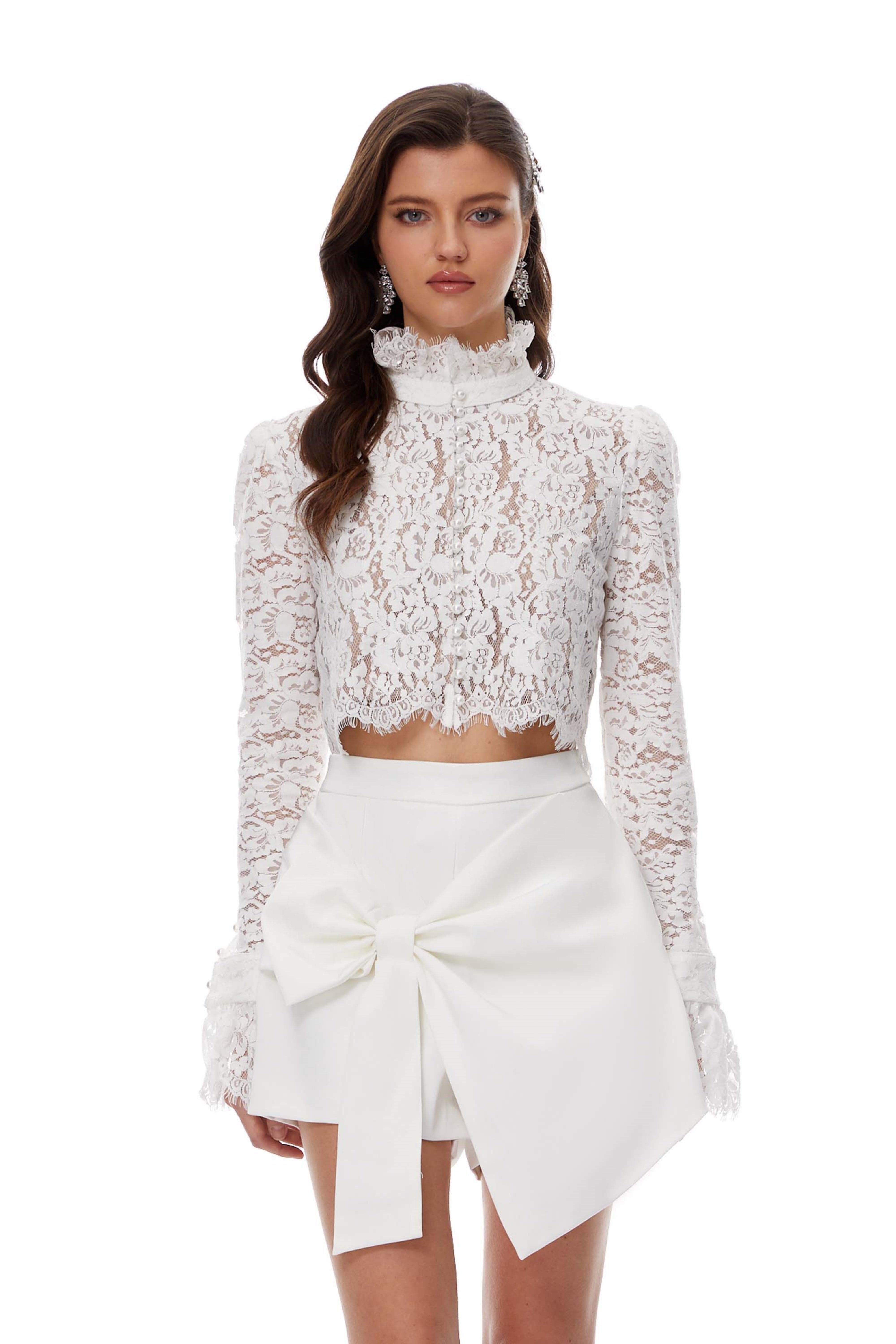 Vesper White High NeckLace Blouse & Skirt Co-ord Set