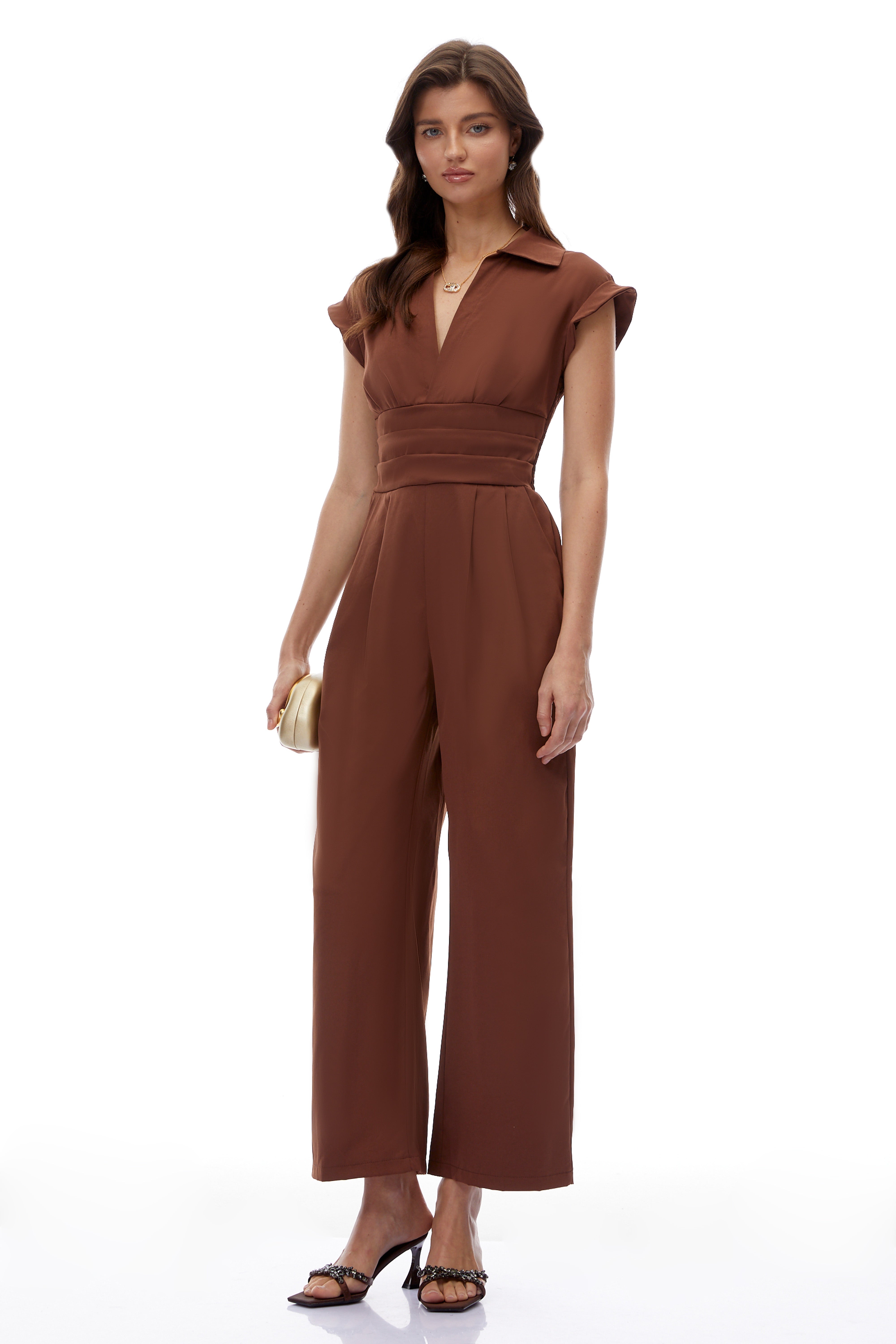 Victoire Chocolate Brown Plunge Neck Collared Jumpsuit