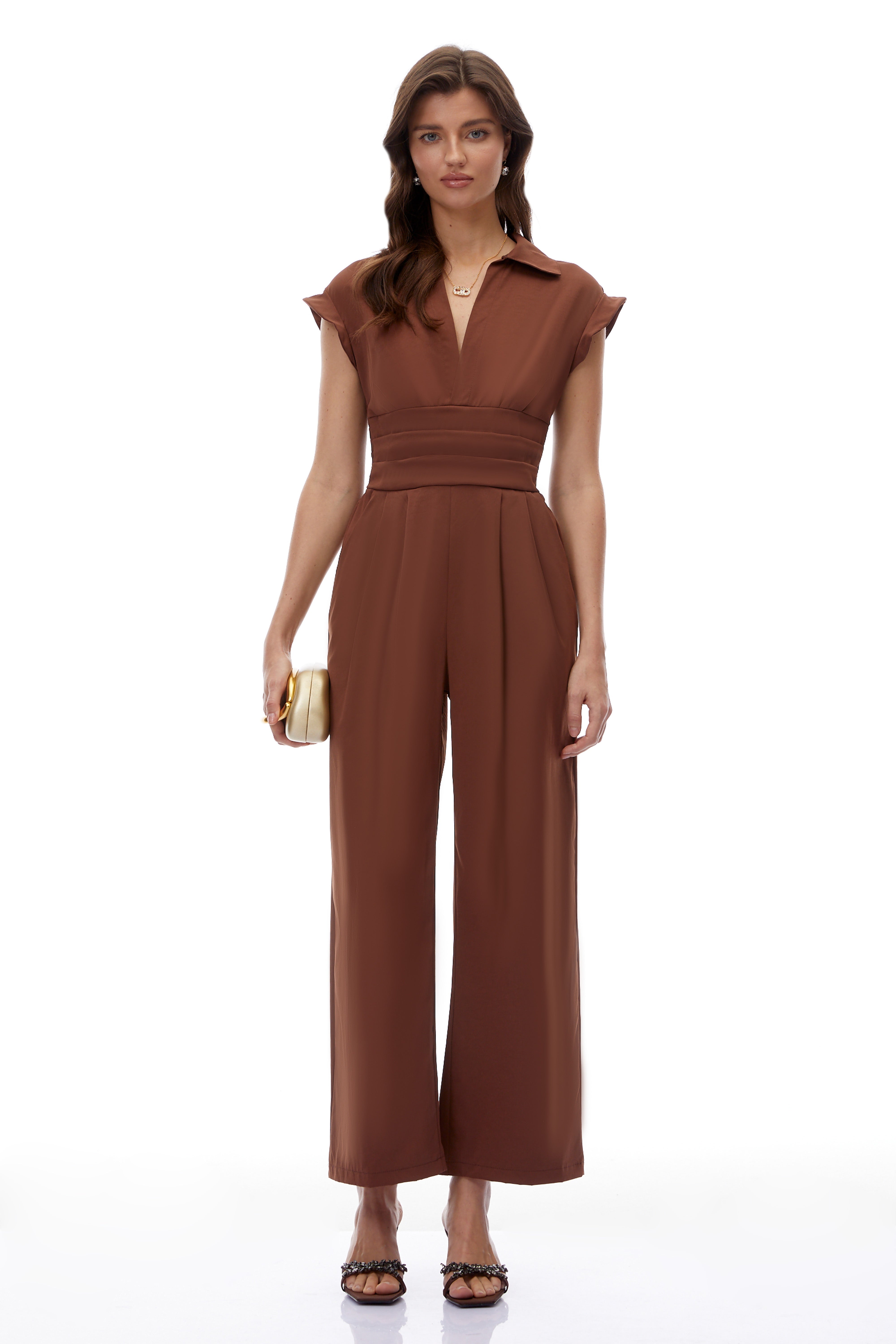 Victoire Chocolate Brown Plunge Neck Collared Jumpsuit
