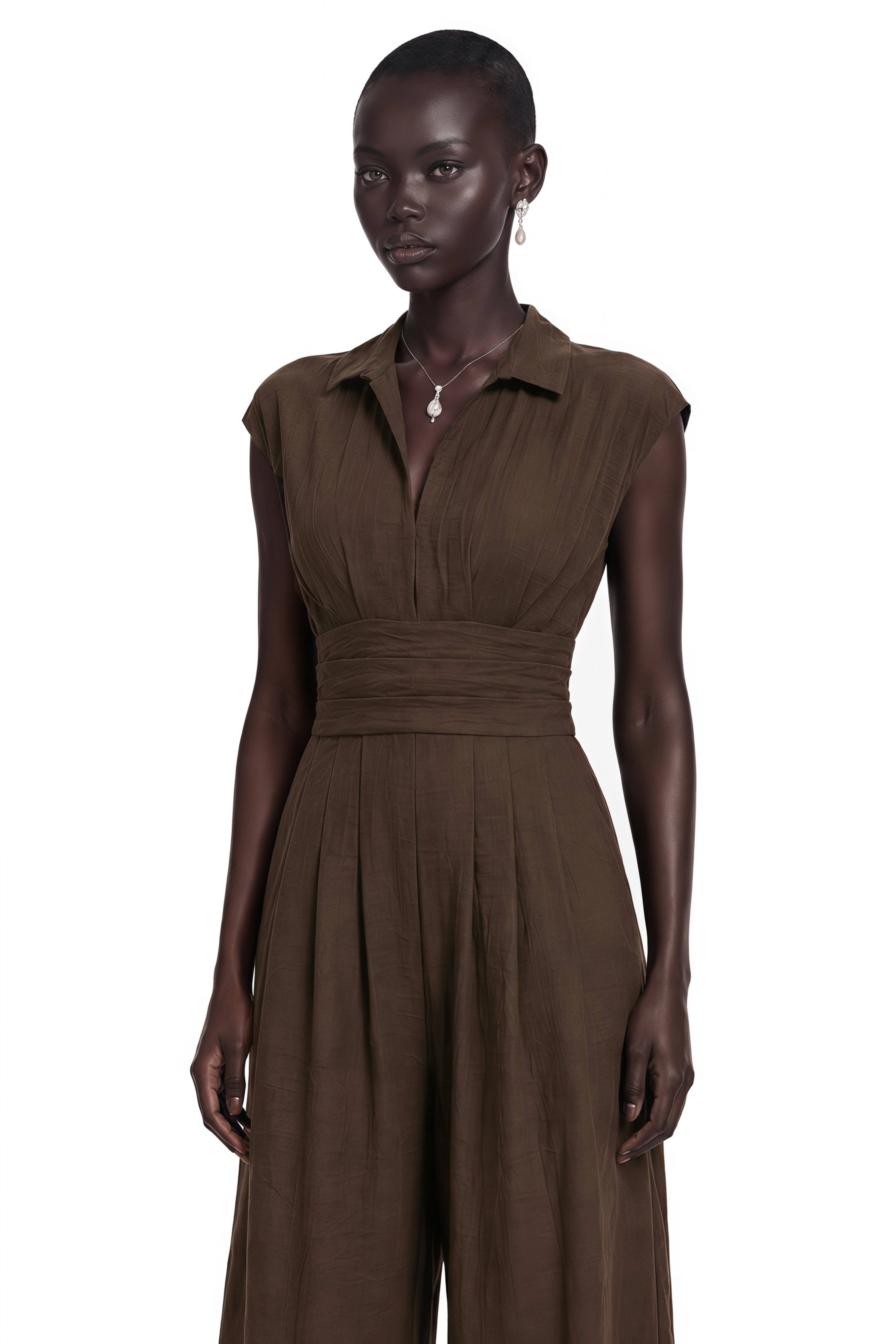 Victoire Chocolate Brown Plunge Neck Collared Jumpsuit