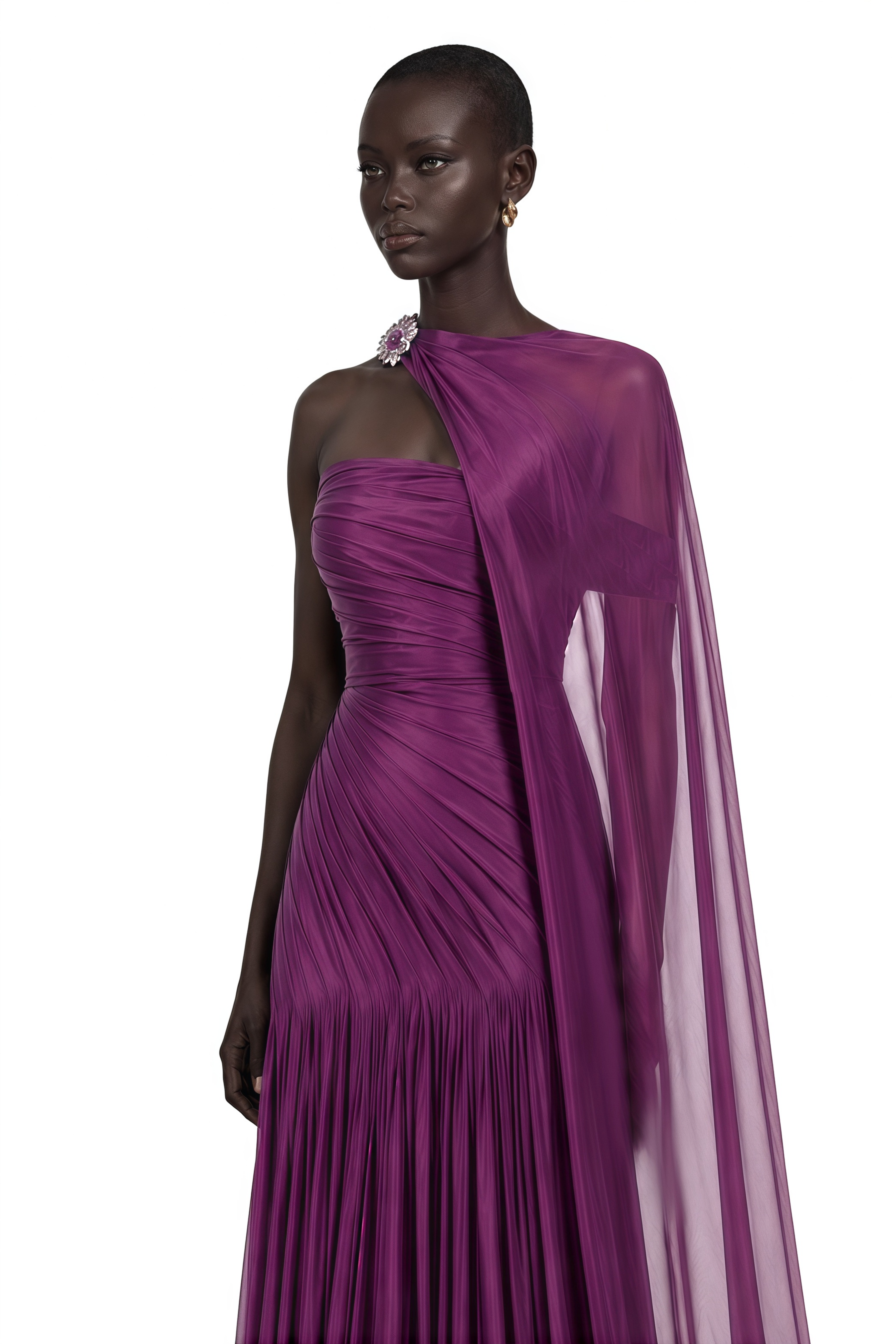 Victoire Plum Purple Asymmetric Draped Cape Maxi Gown