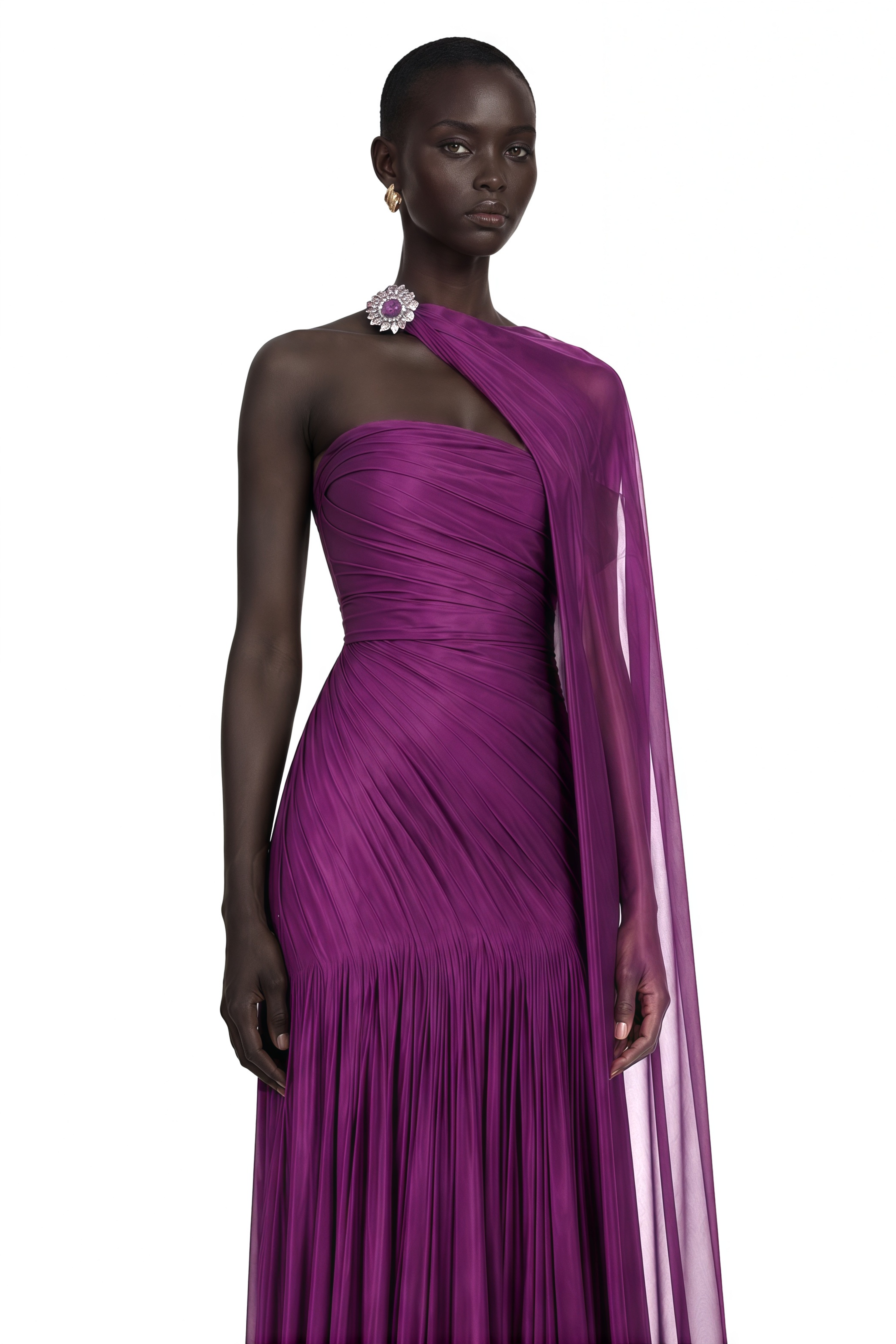 Victoire Plum Purple Asymmetric Draped Cape Maxi Gown
