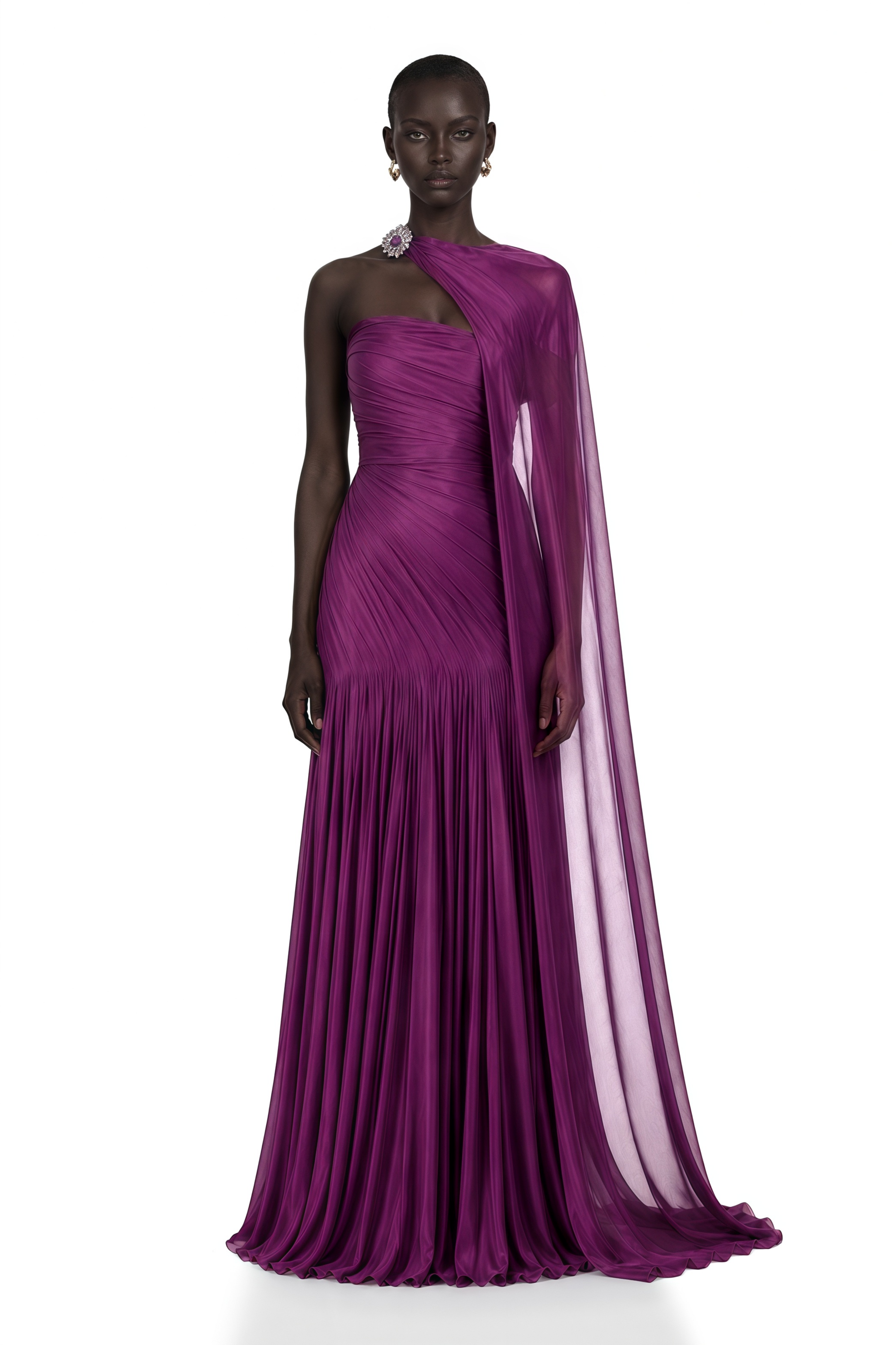 Victoire Plum Purple Asymmetric Draped Cape Maxi Gown