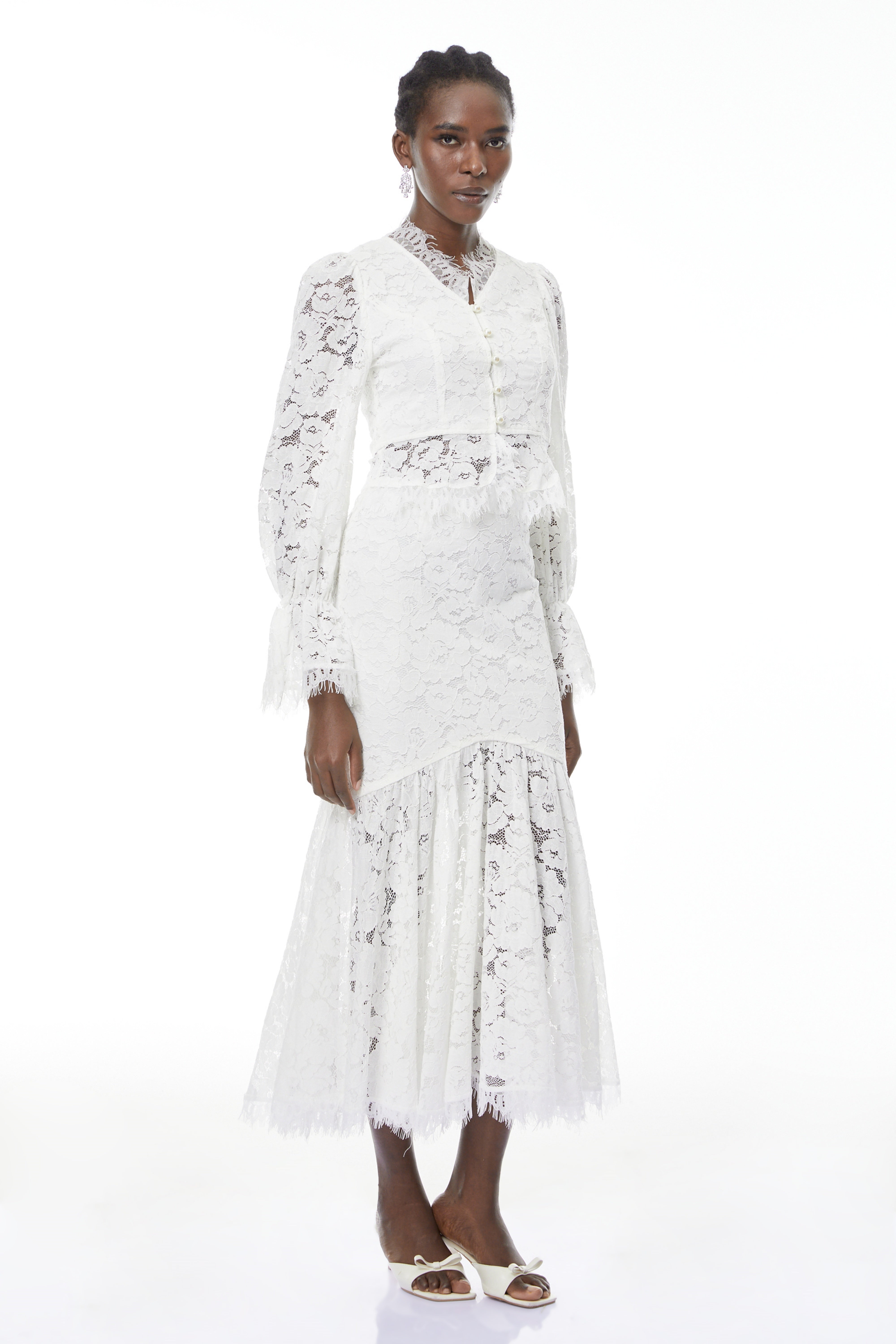 Vilma White Floral Lace Blouse & Skirt Set