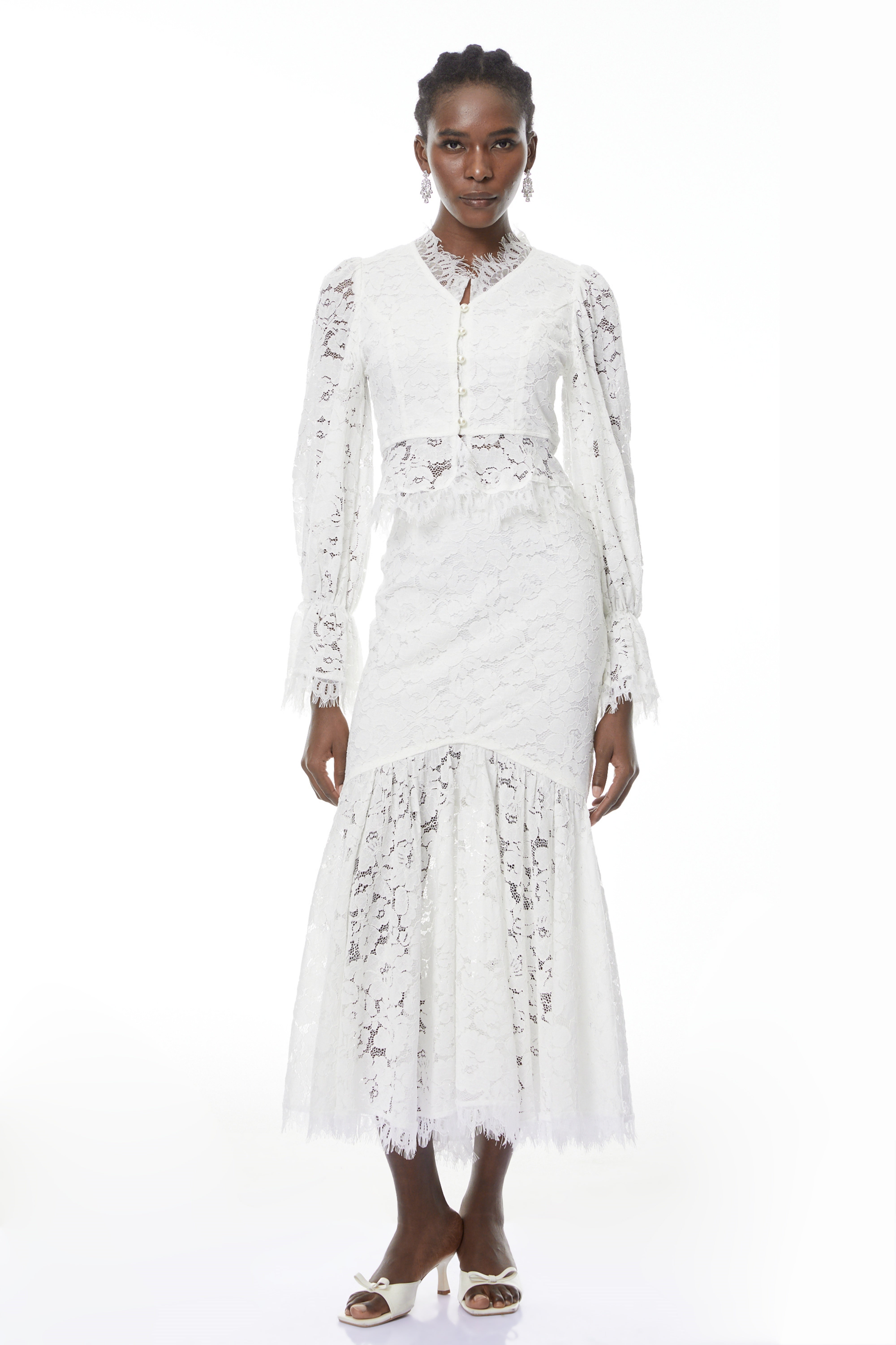 Vilma White Floral Lace Blouse & Skirt Set