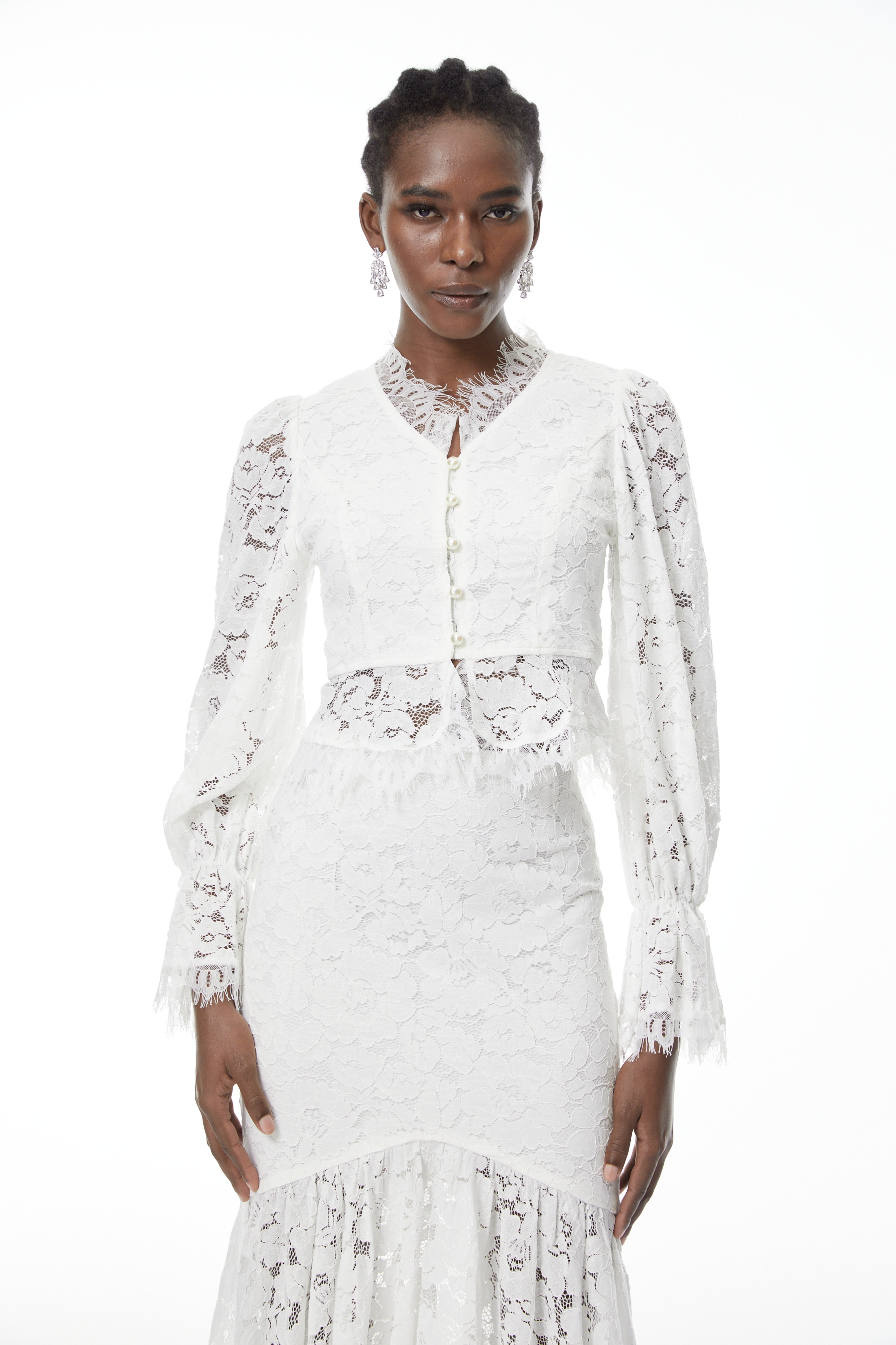 Vilma White Floral Lace Blouse & Skirt Set