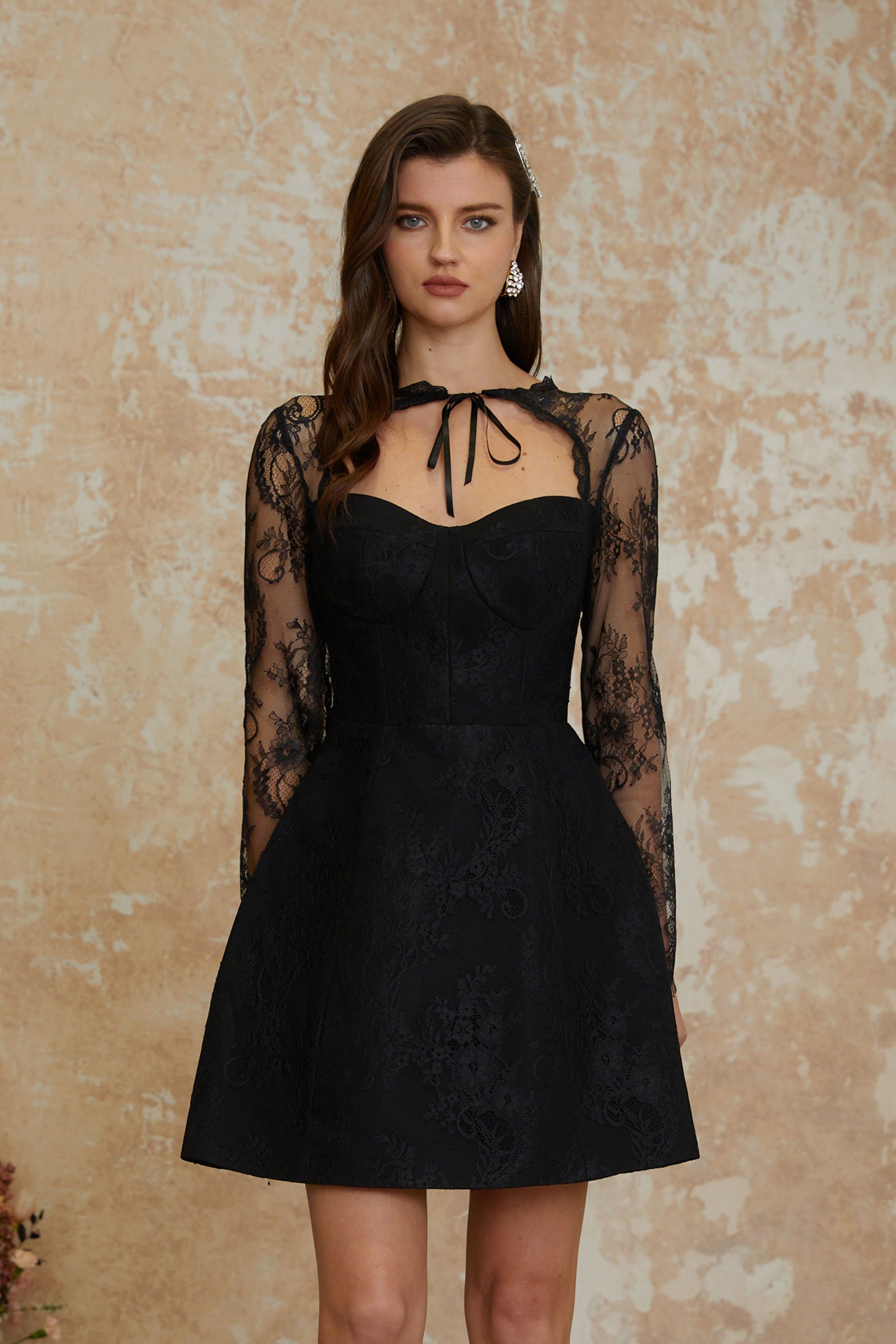 Violet Black Floral Lace Cape & Dress Matching Set