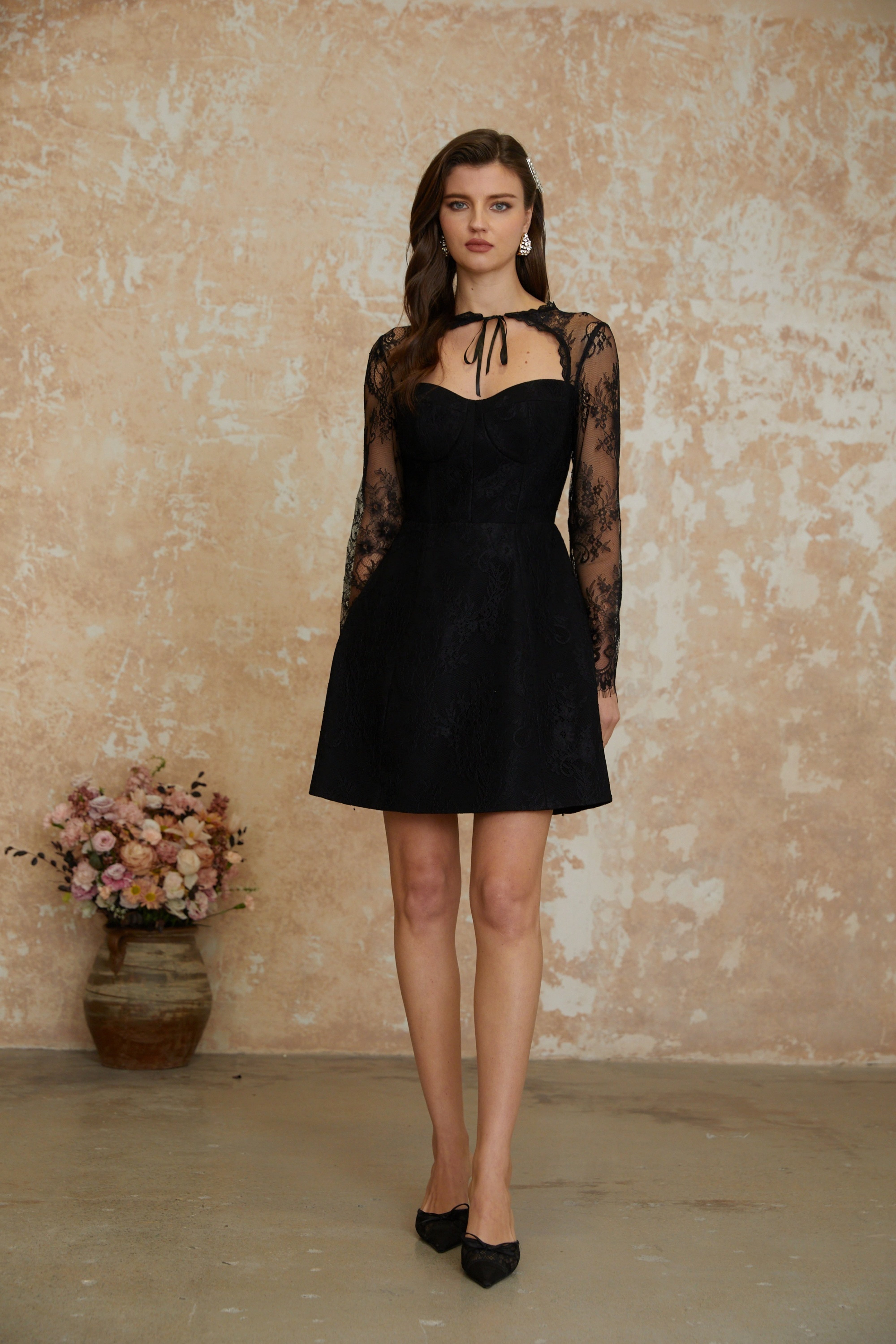 Violet Black Floral Lace Cape & Dress Matching Set