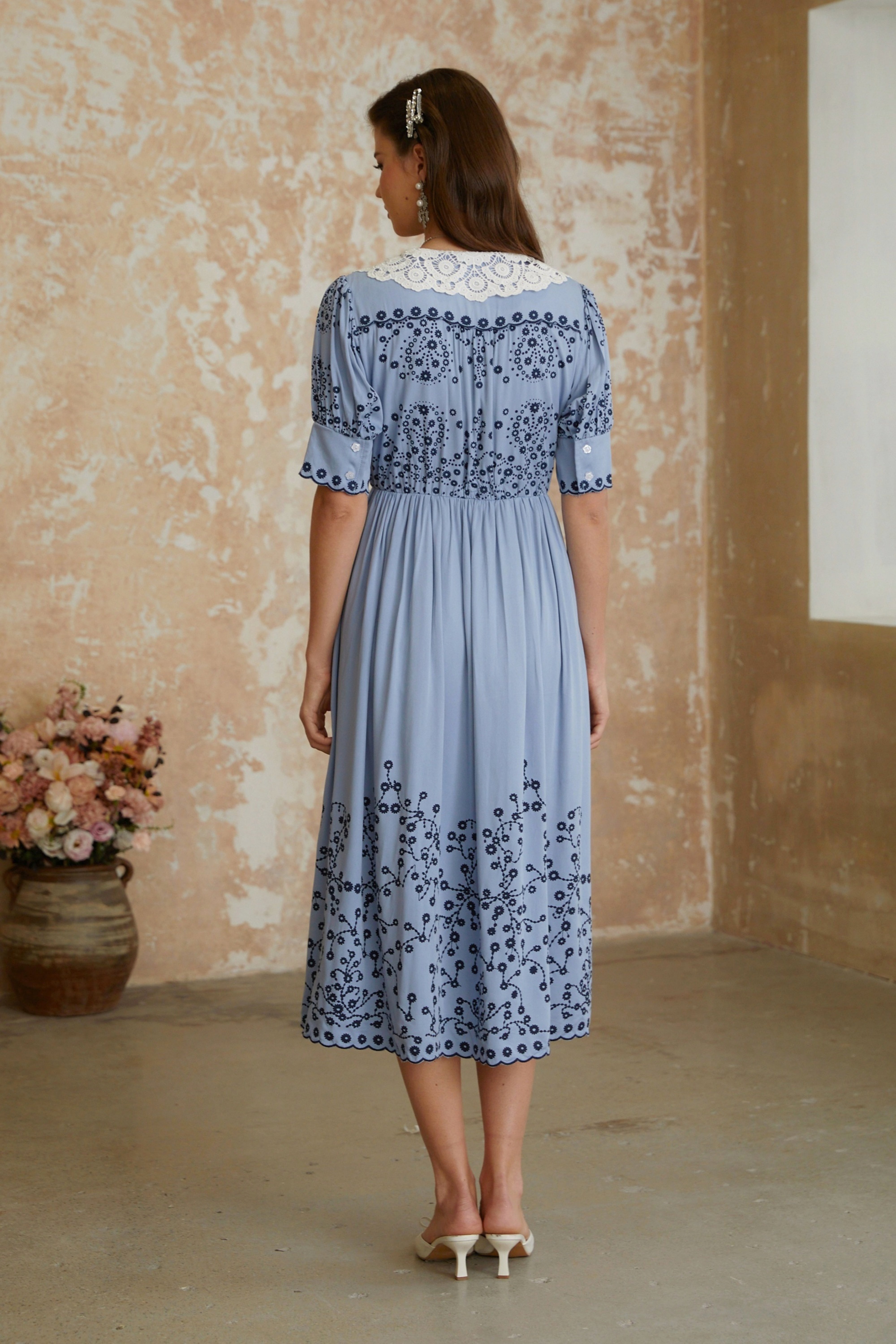 Violet Blue Floral Embroidered Midi Dress with Lace Lapels