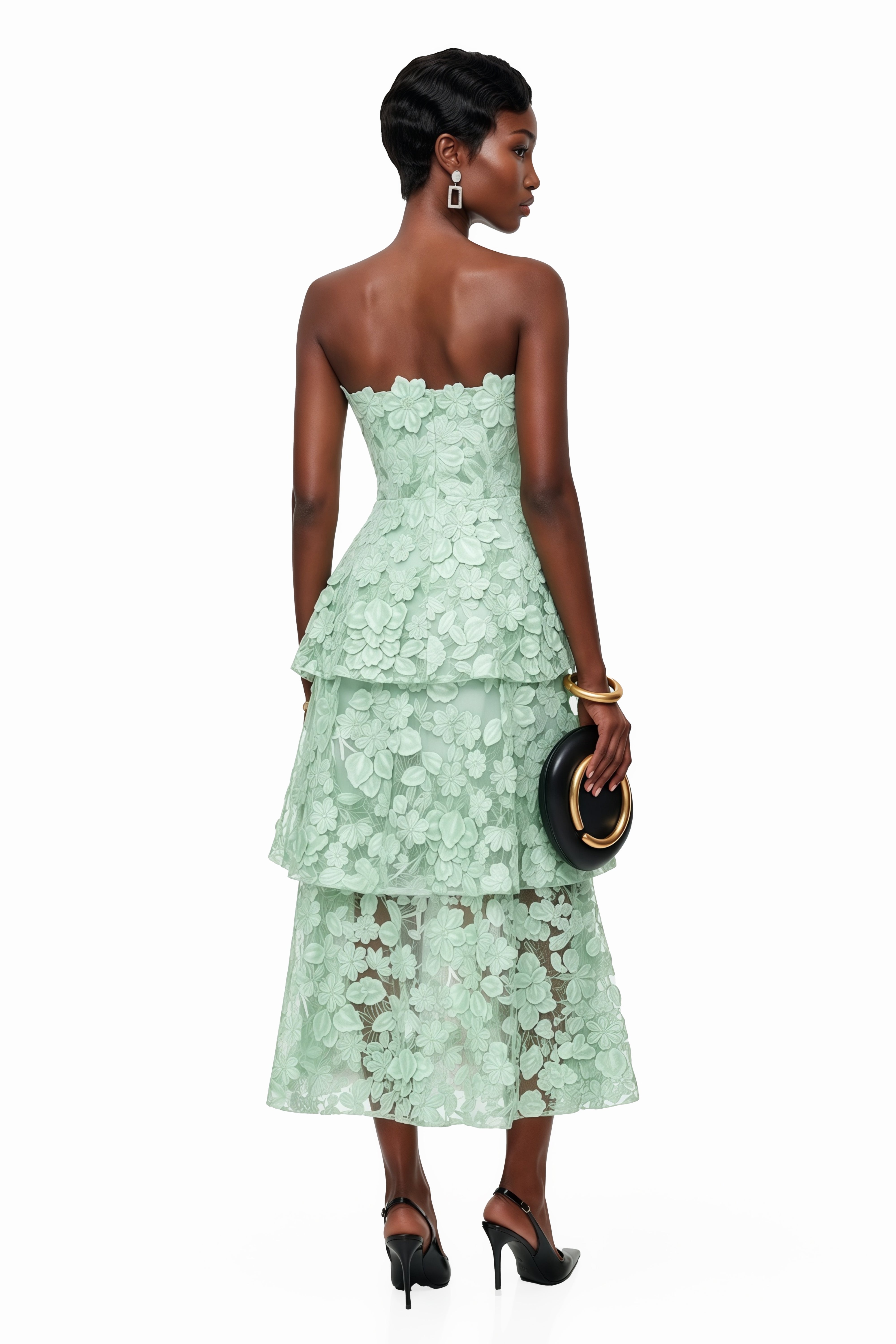 Viviana Green – Midi-Kleid mit Stufenschnitt und 3D-Blumenmuster