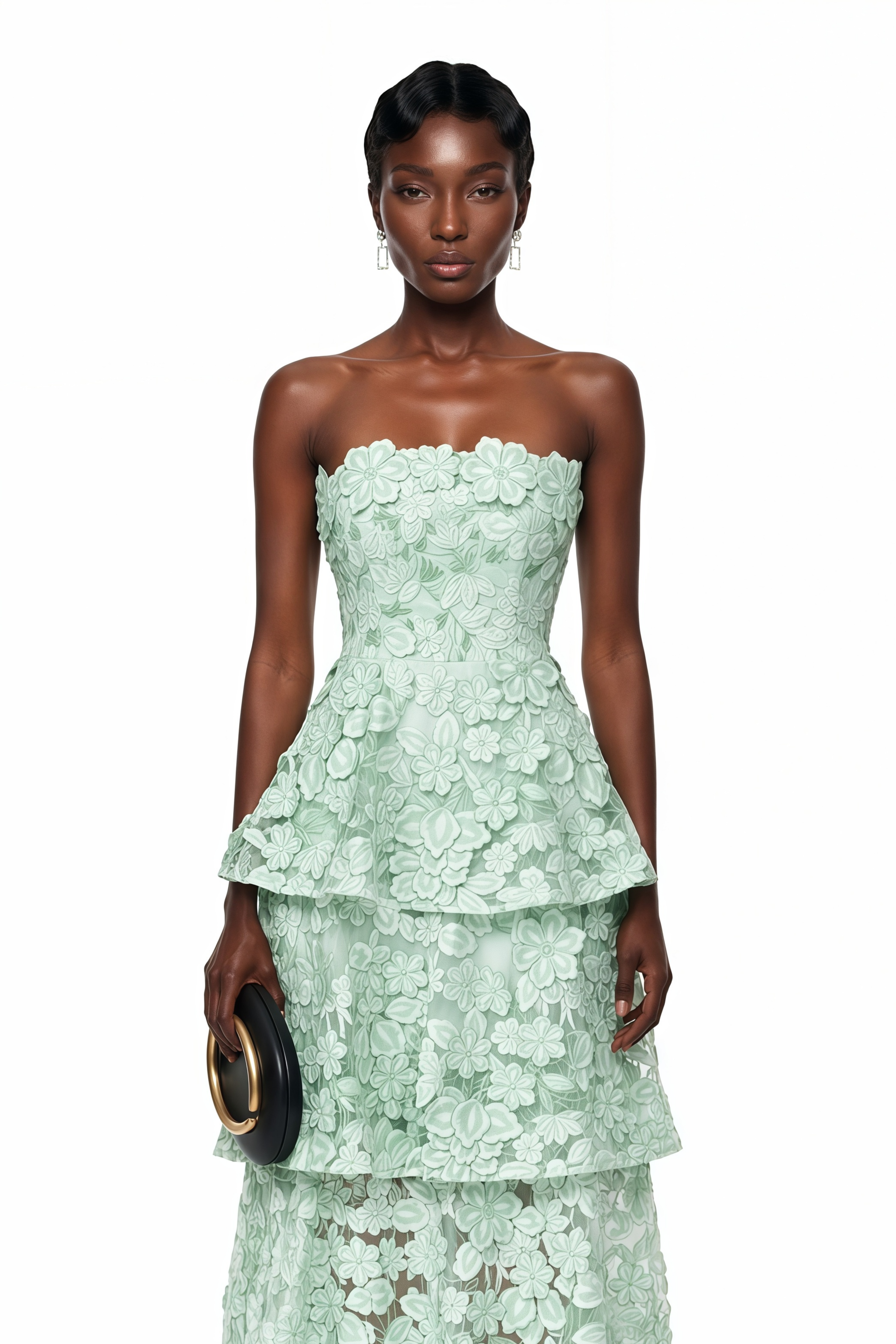 Viviana Green – Midi-Kleid mit Stufenschnitt und 3D-Blumenmuster