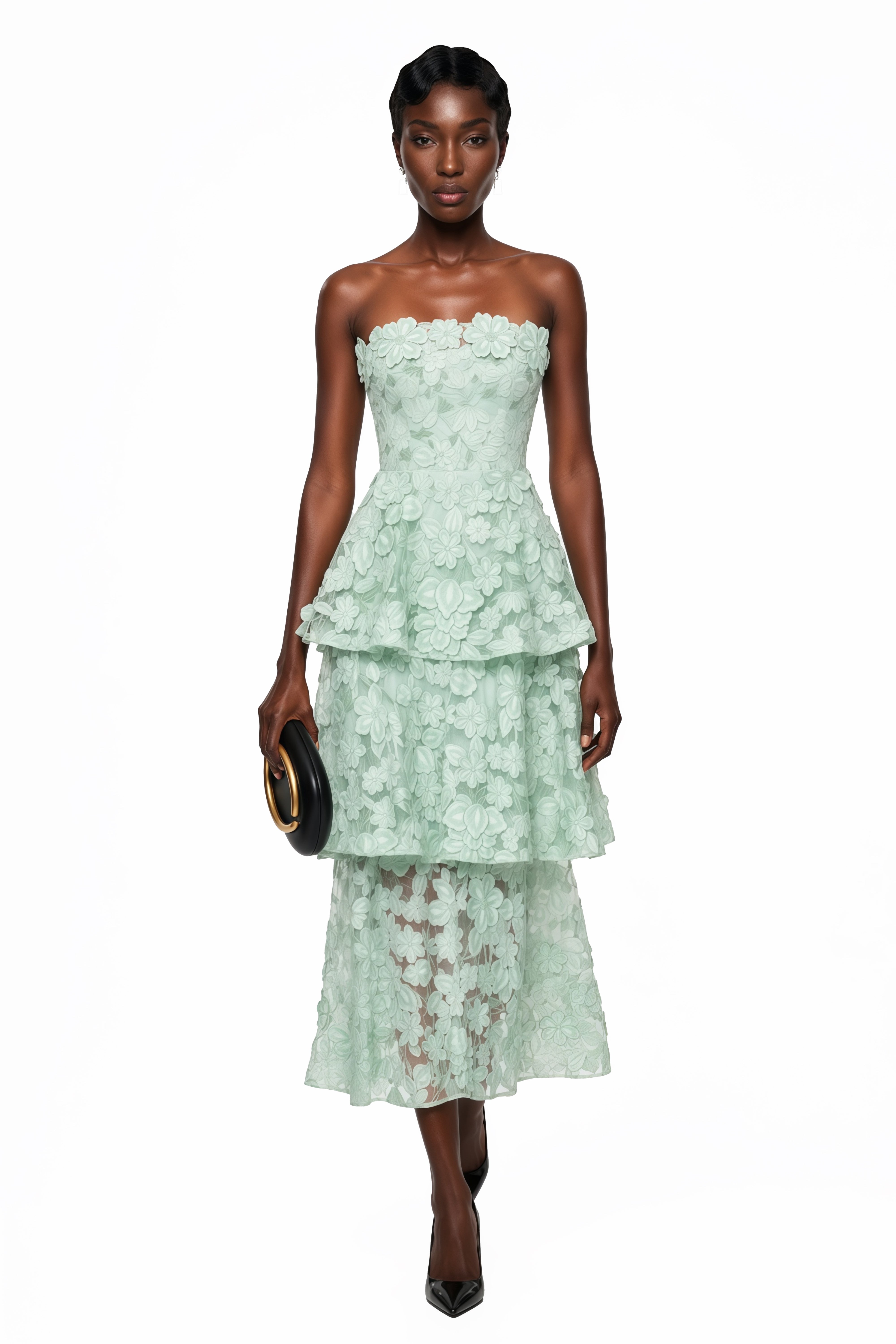 Viviana Green – Midi-Kleid mit Stufenschnitt und 3D-Blumenmuster