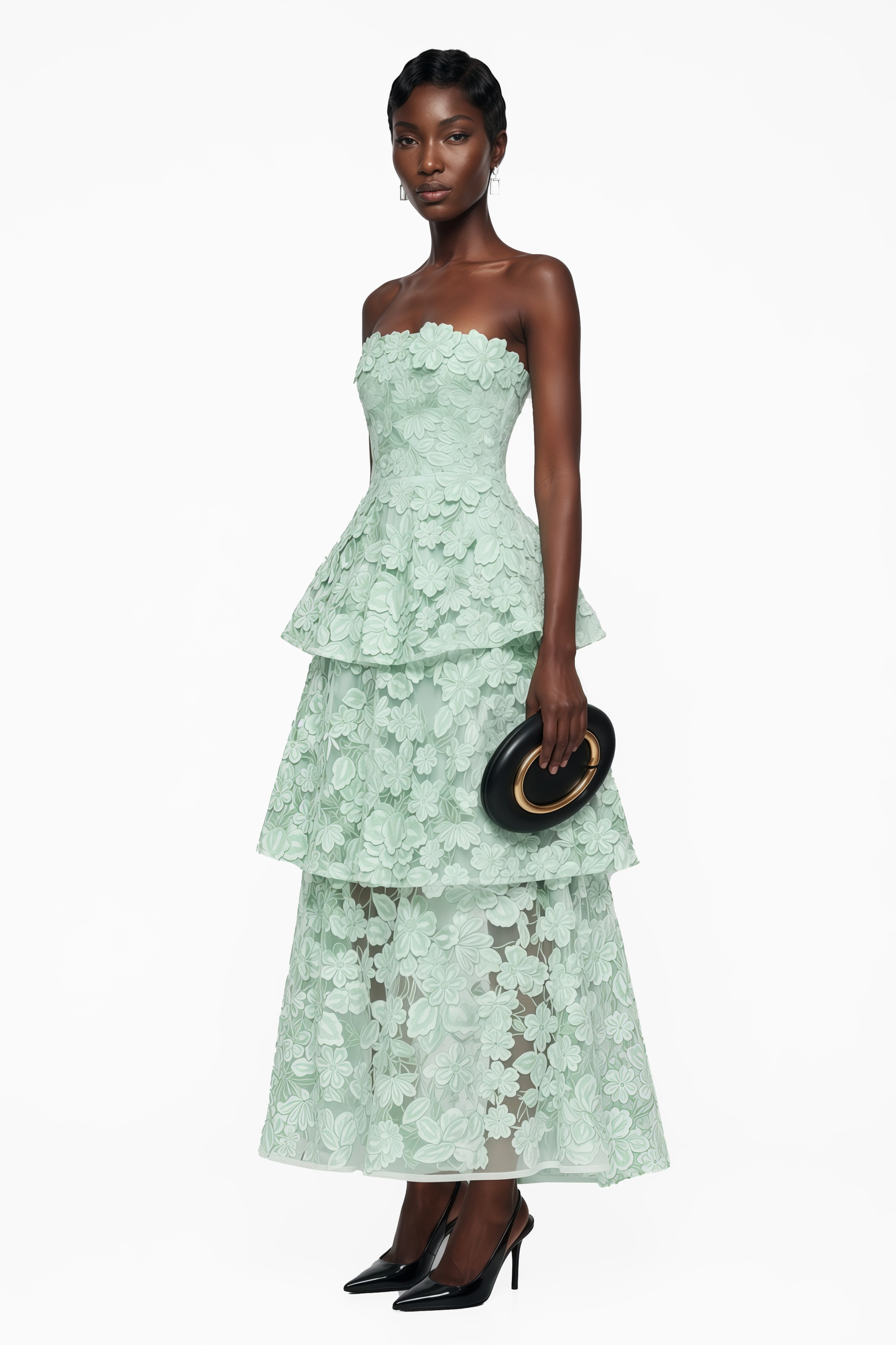 Viviana Green – Midi-Kleid mit Stufenschnitt und 3D-Blumenmuster