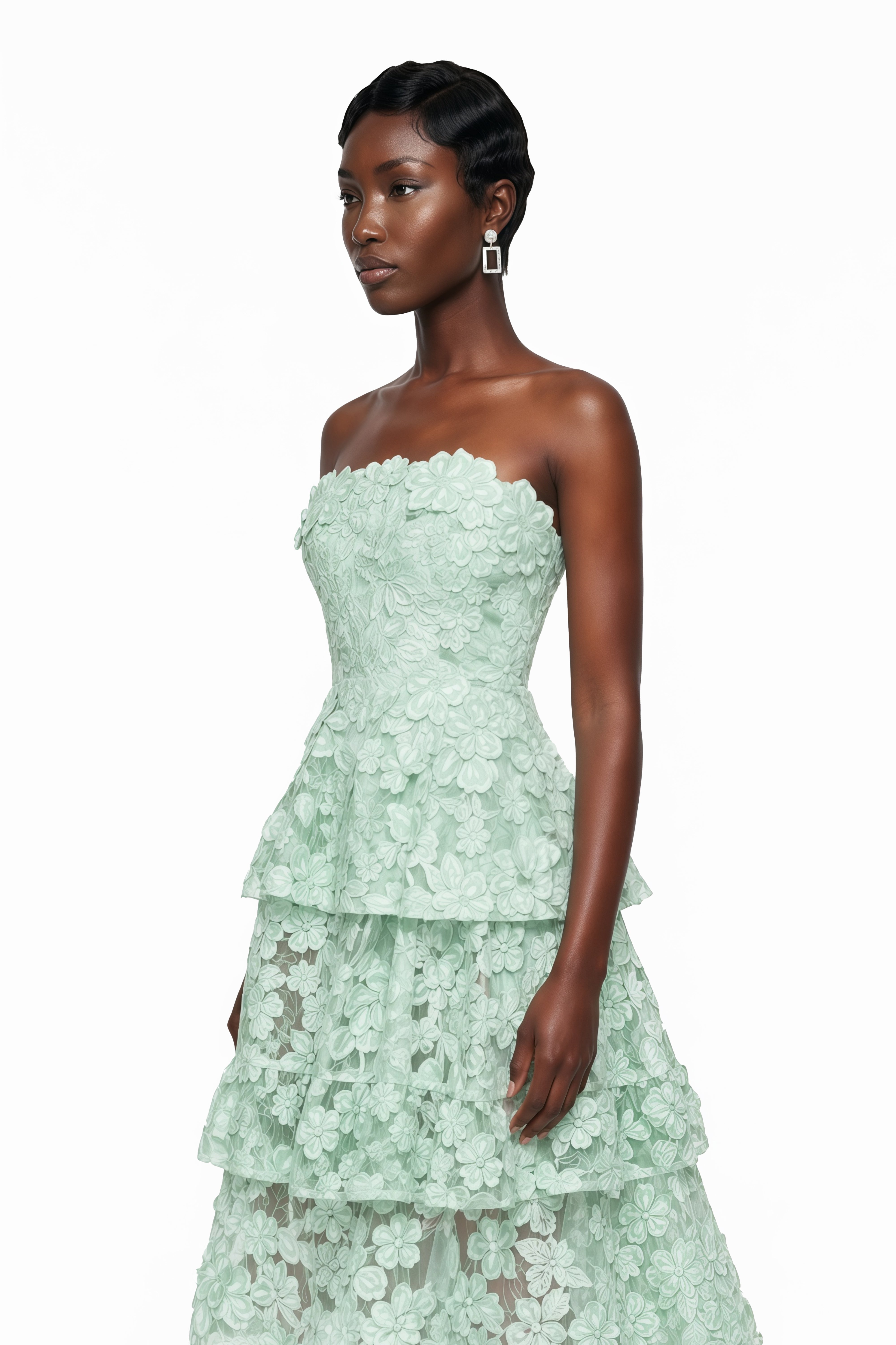 Viviana Green – Midi-Kleid mit Stufenschnitt und 3D-Blumenmuster