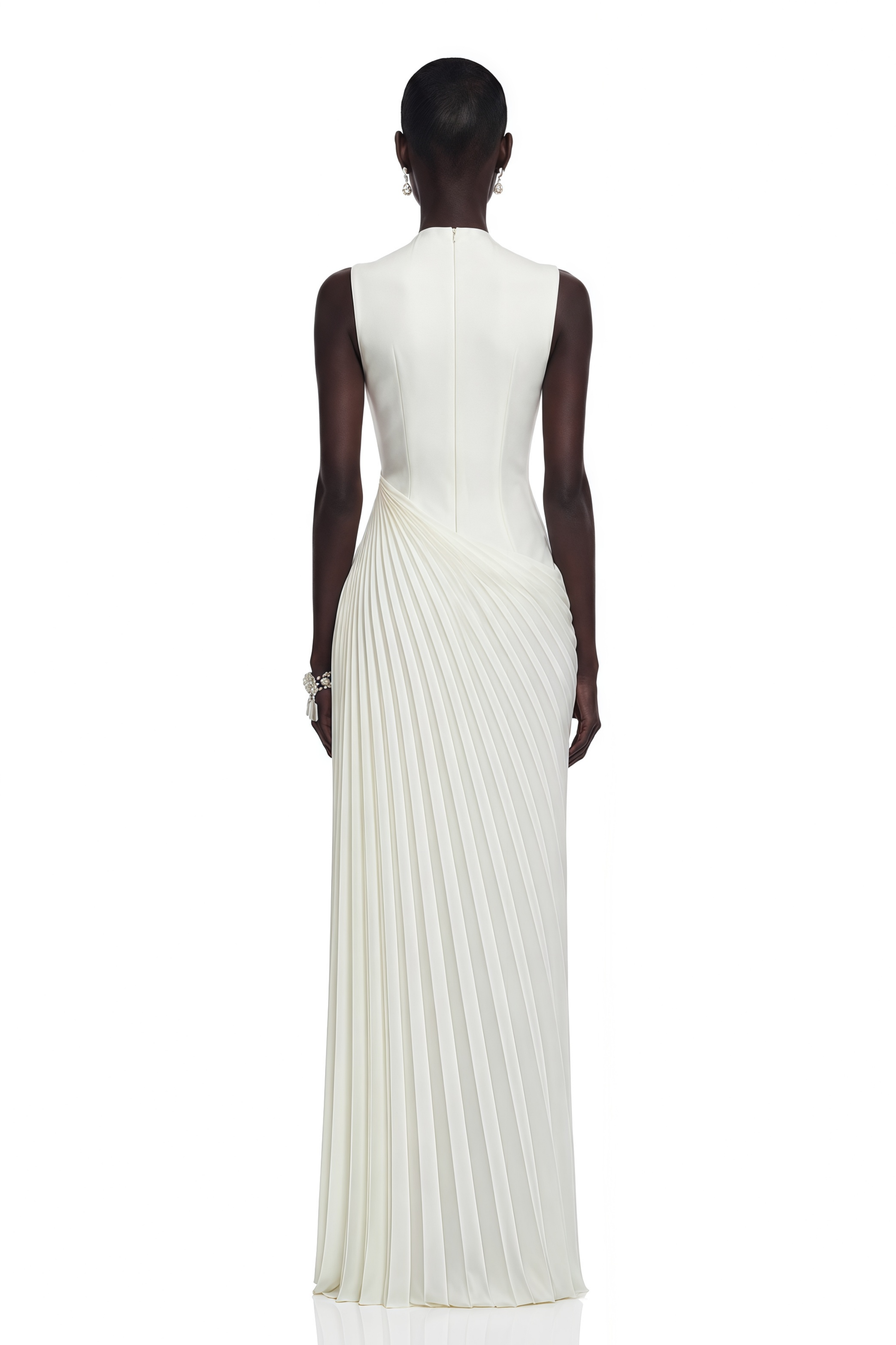 Vivienne White Sleeveless Pleated Maxi Dress with Floral Applique