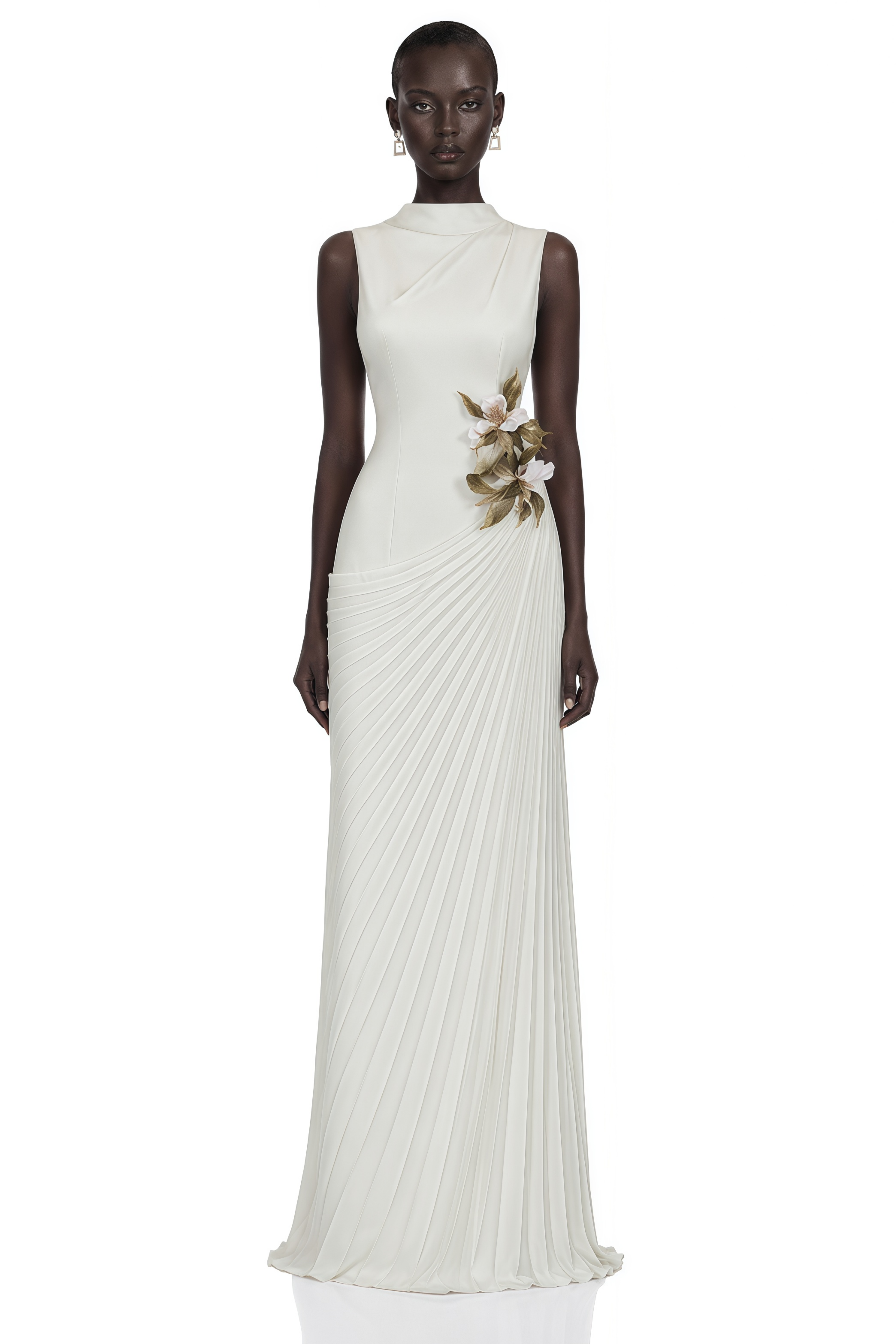 Vivienne White Sleeveless Pleated Maxi Dress with Floral Applique