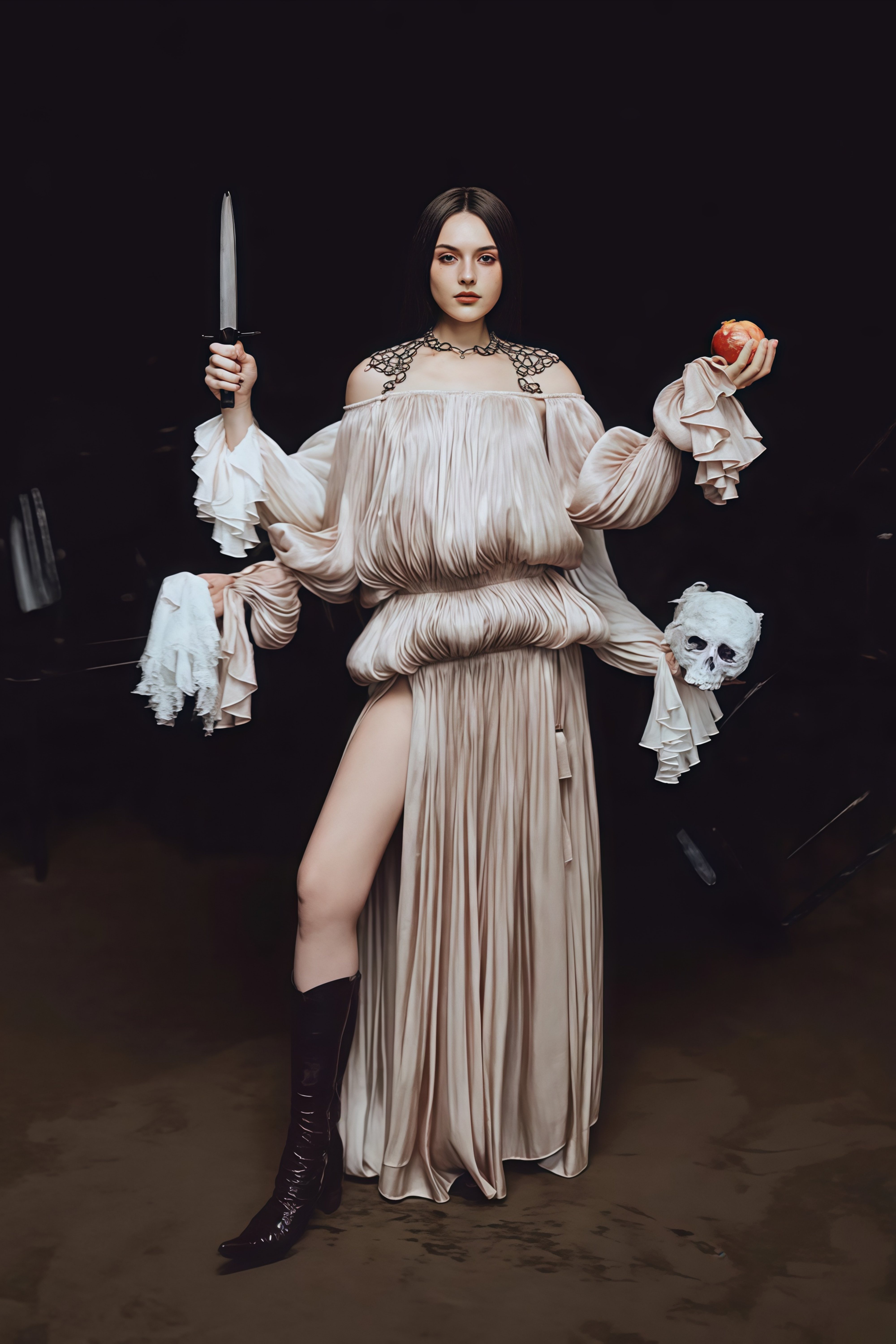 Vlasta Khaki-farbenes Maxikleid mit Rüschen und Kette