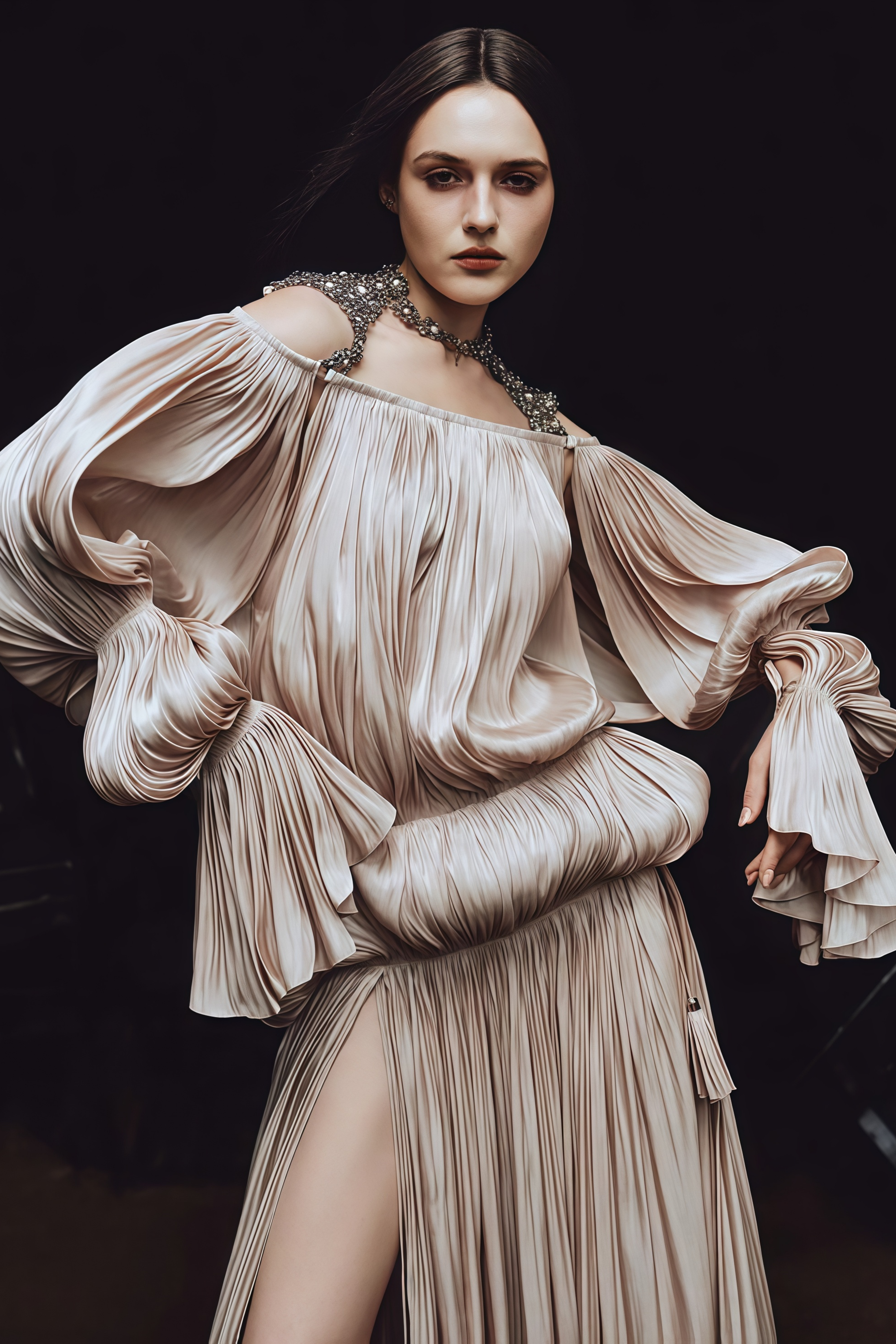 Vlasta Khaki-farbenes Maxikleid mit Rüschen und Kette