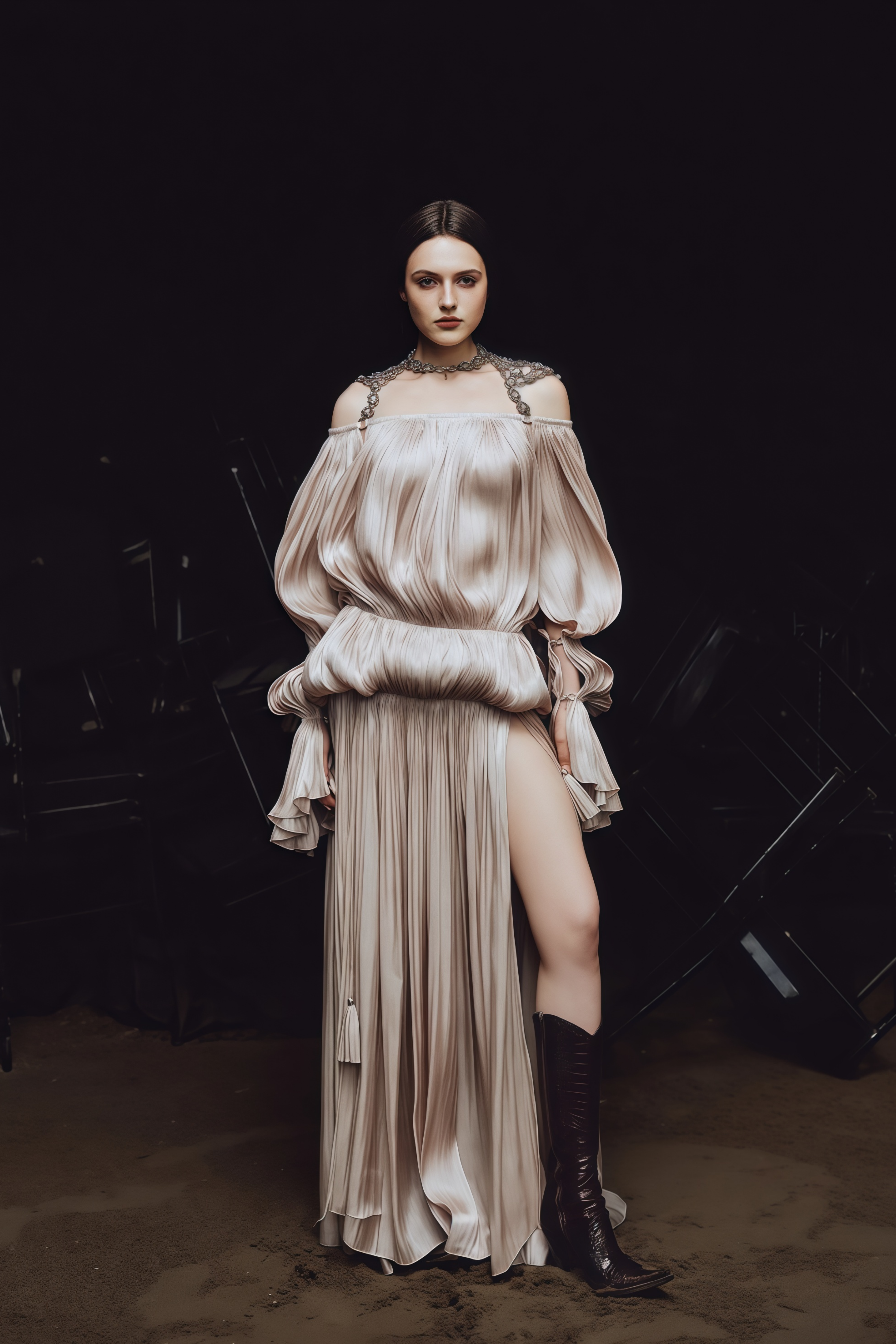 Vlasta Khaki-farbenes Maxikleid mit Rüschen und Kette