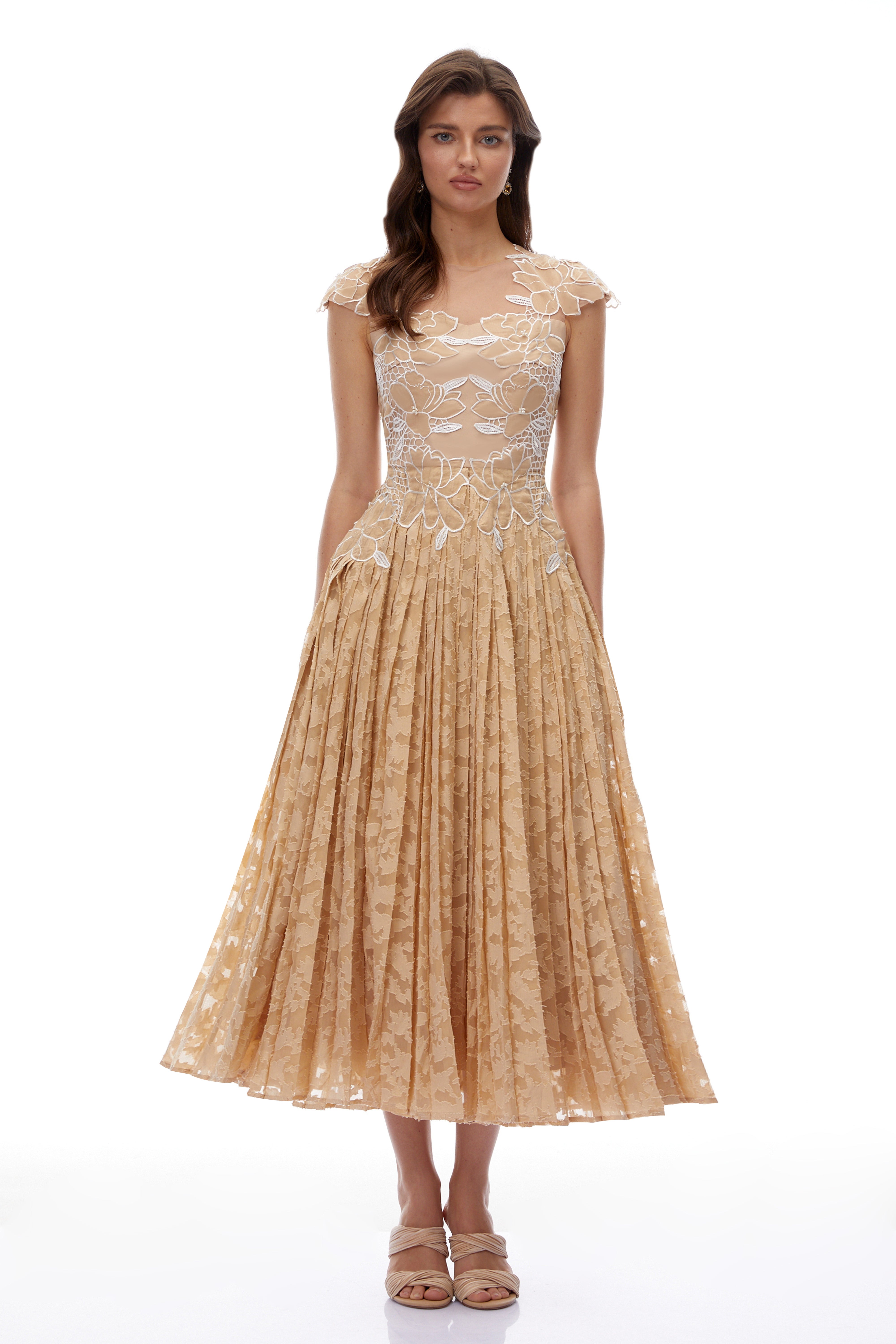 Vonda Neutral Floral Lace Pleated Midi Dress