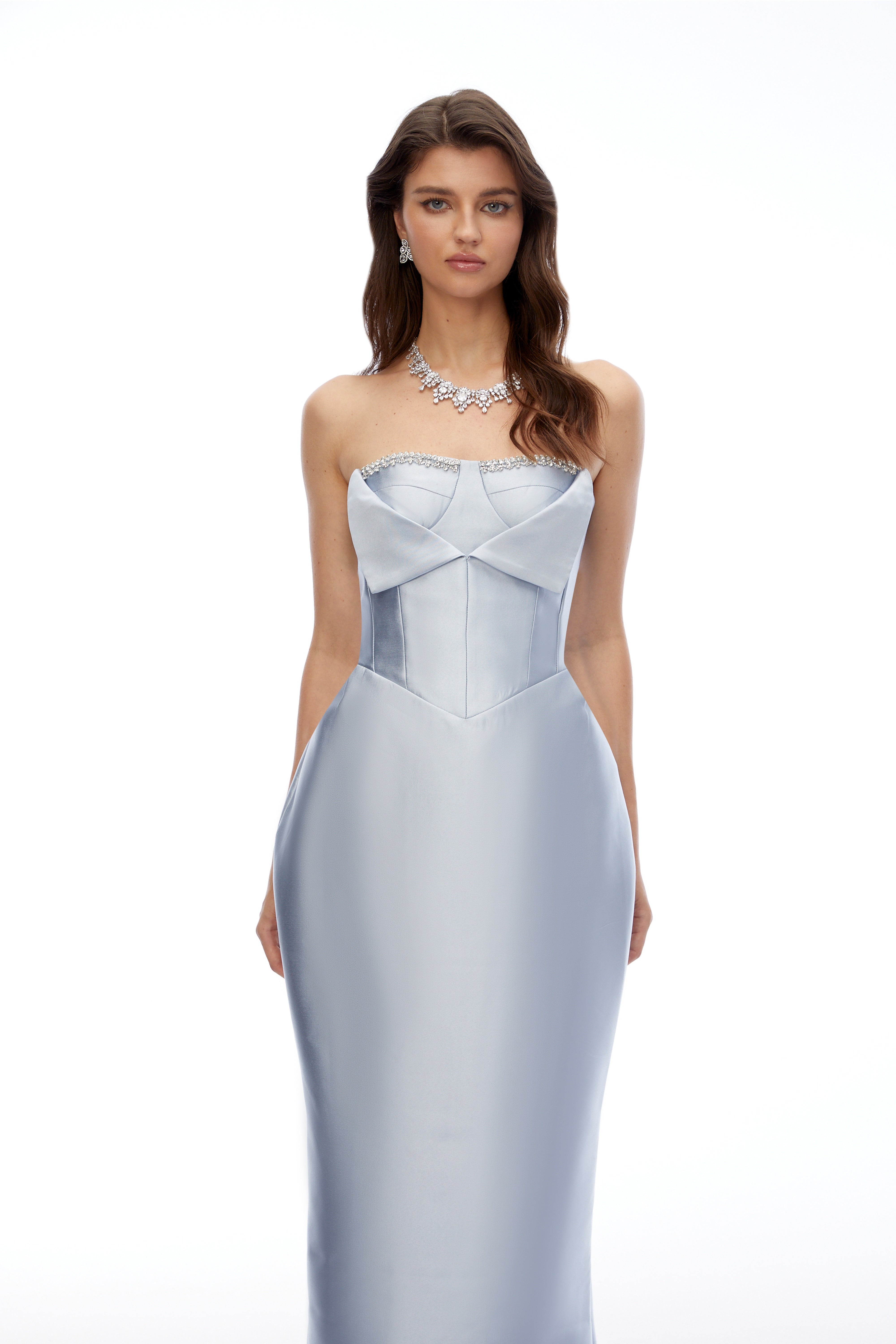 Waverly Blue Off Shoulder Rhinestone Midi Dress
