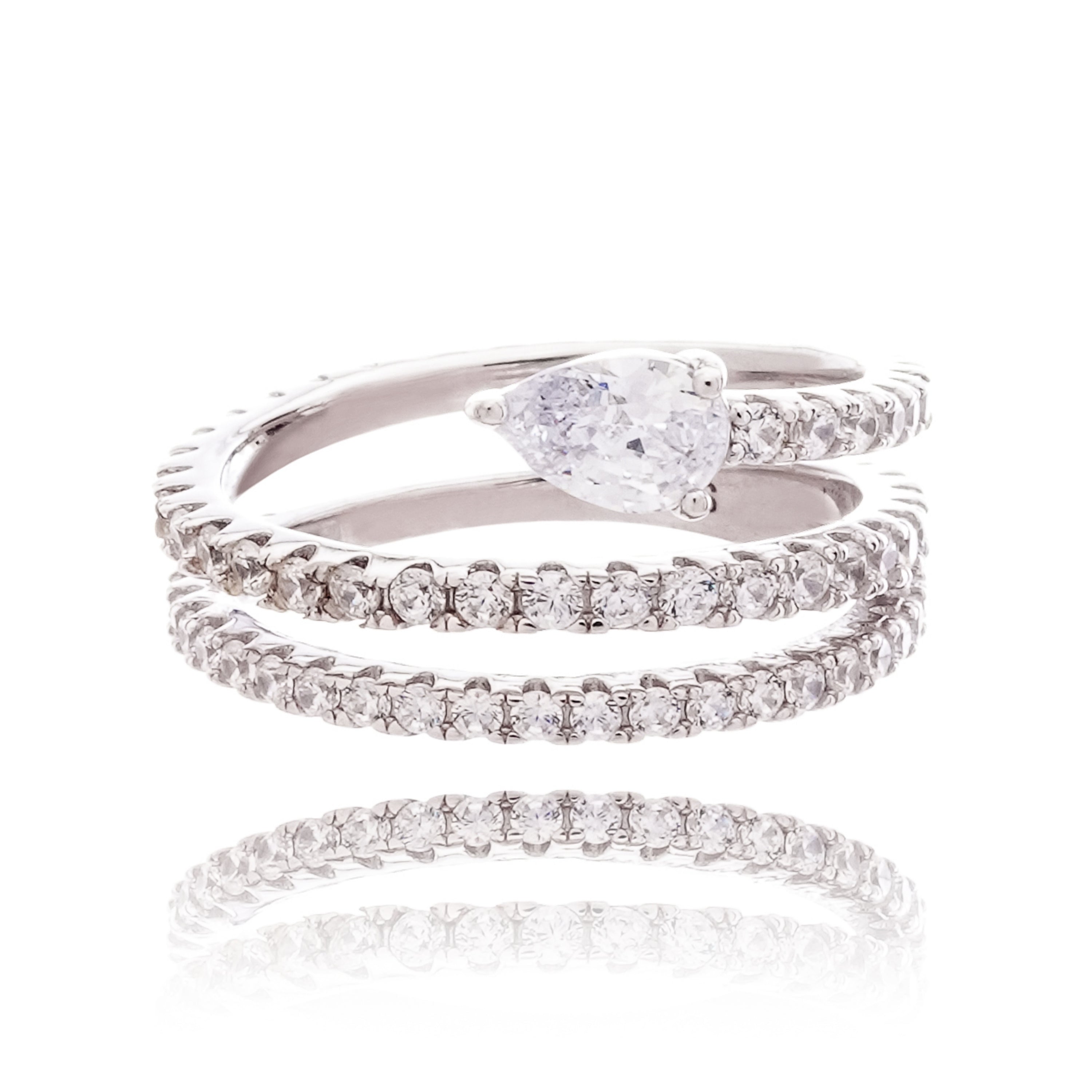 Lys White Pear Cut Gemstone Double Band Crystal Sterling Silver Ring