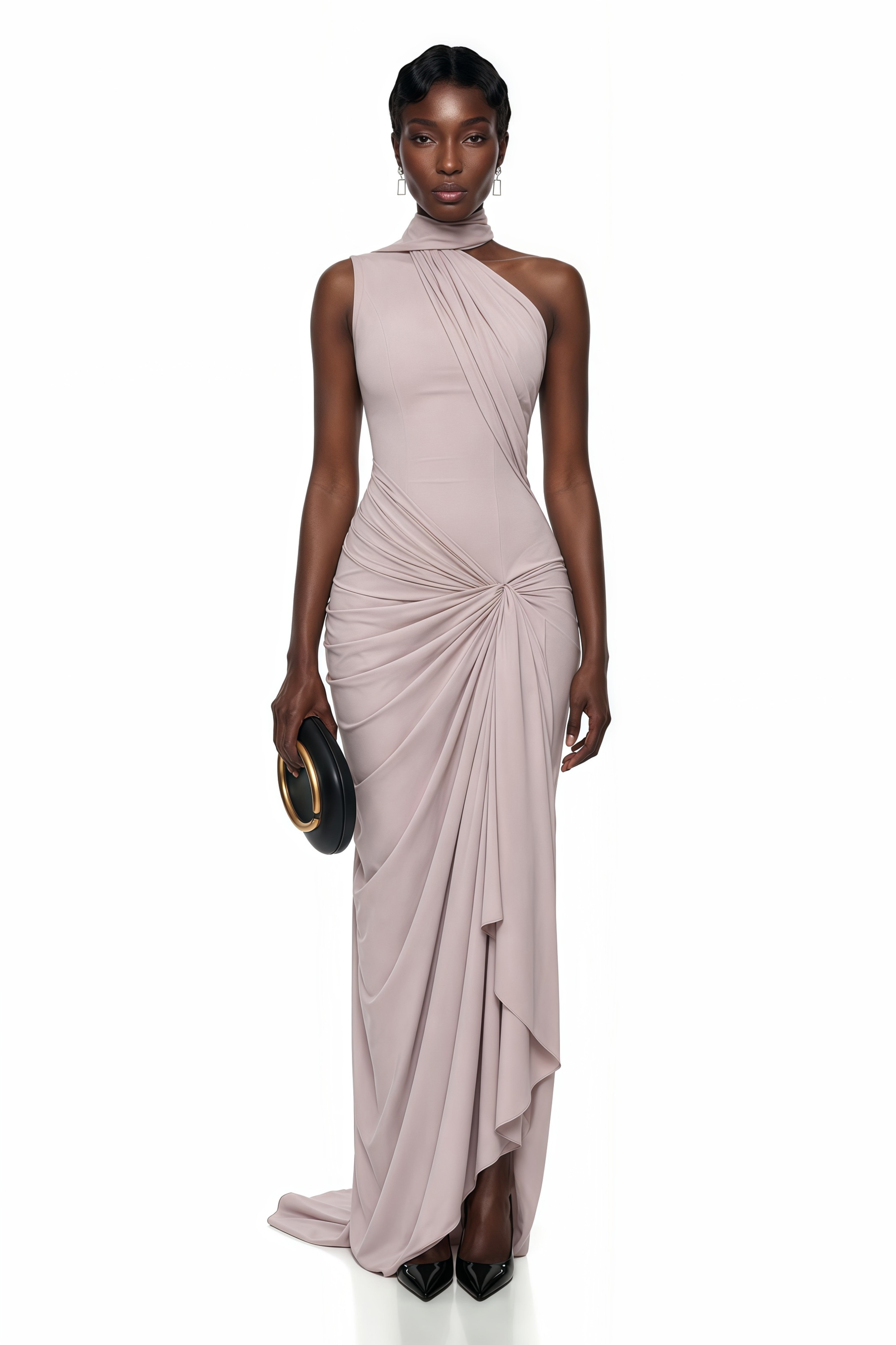 Wilhelmina – Maxikleid in Altrosa mit asymmetrischen Rüschen