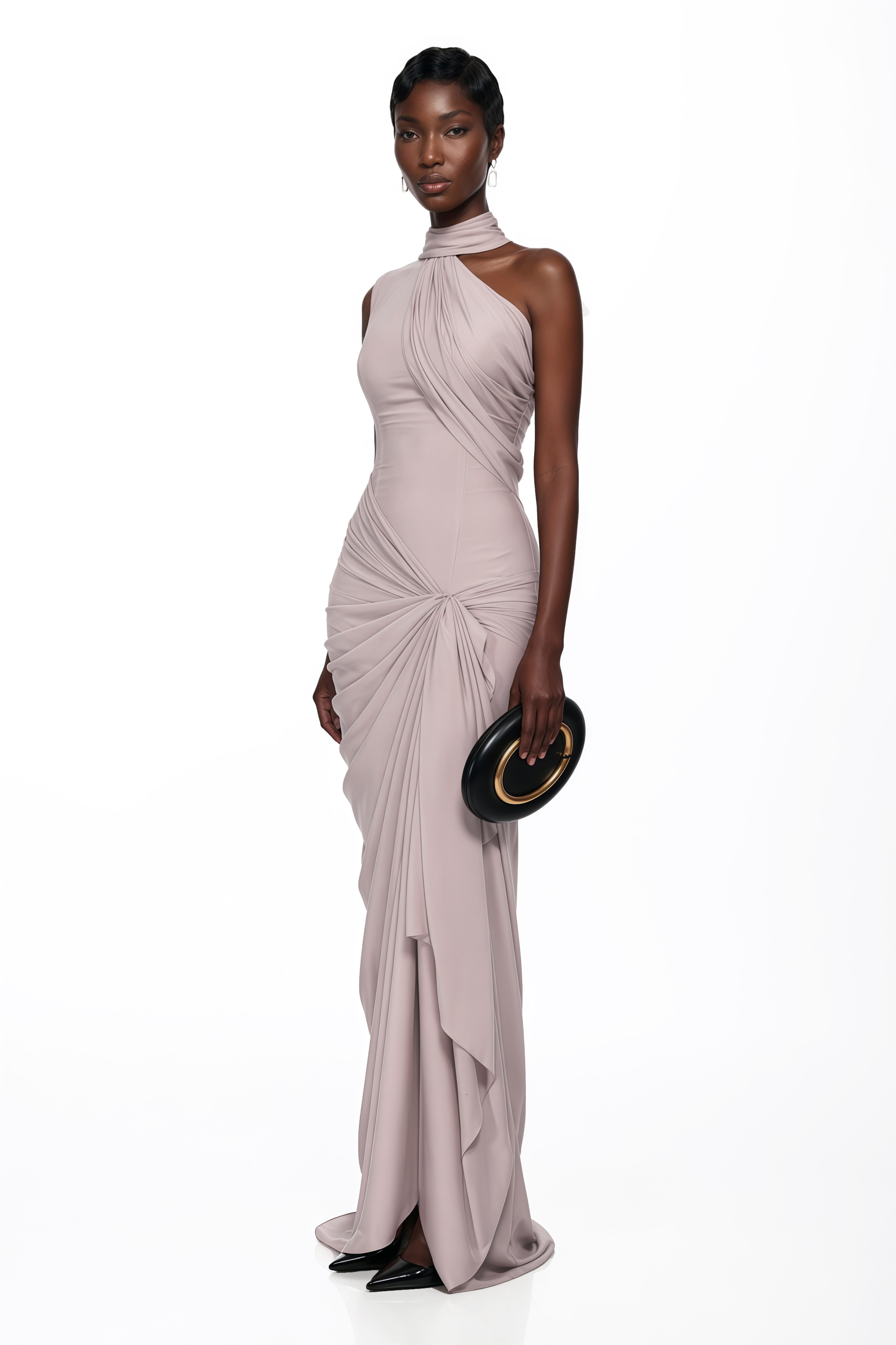 Wilhelmina – Maxikleid in Altrosa mit asymmetrischen Rüschen