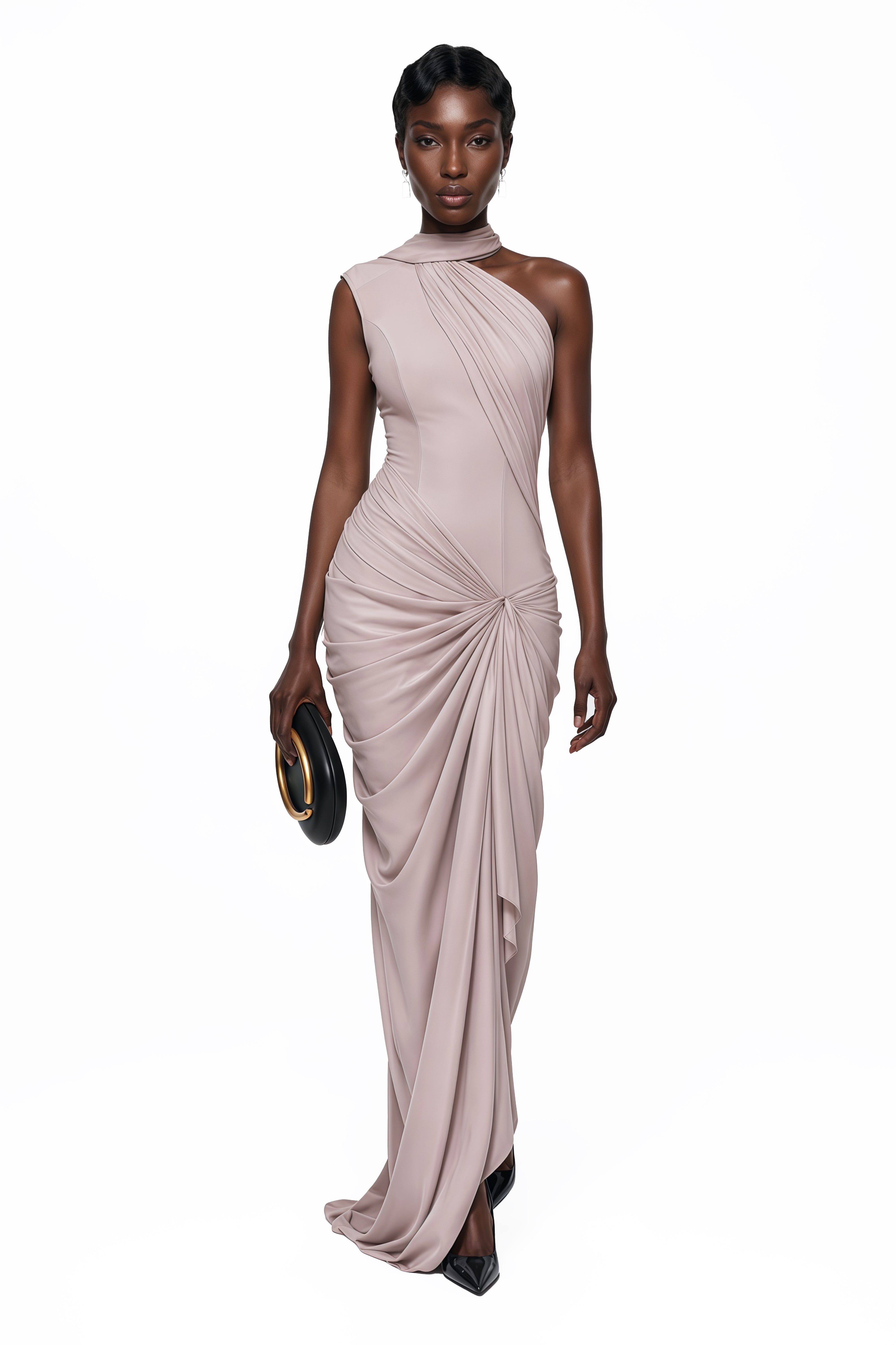 Wilhelmina – Maxikleid in Altrosa mit asymmetrischen Rüschen