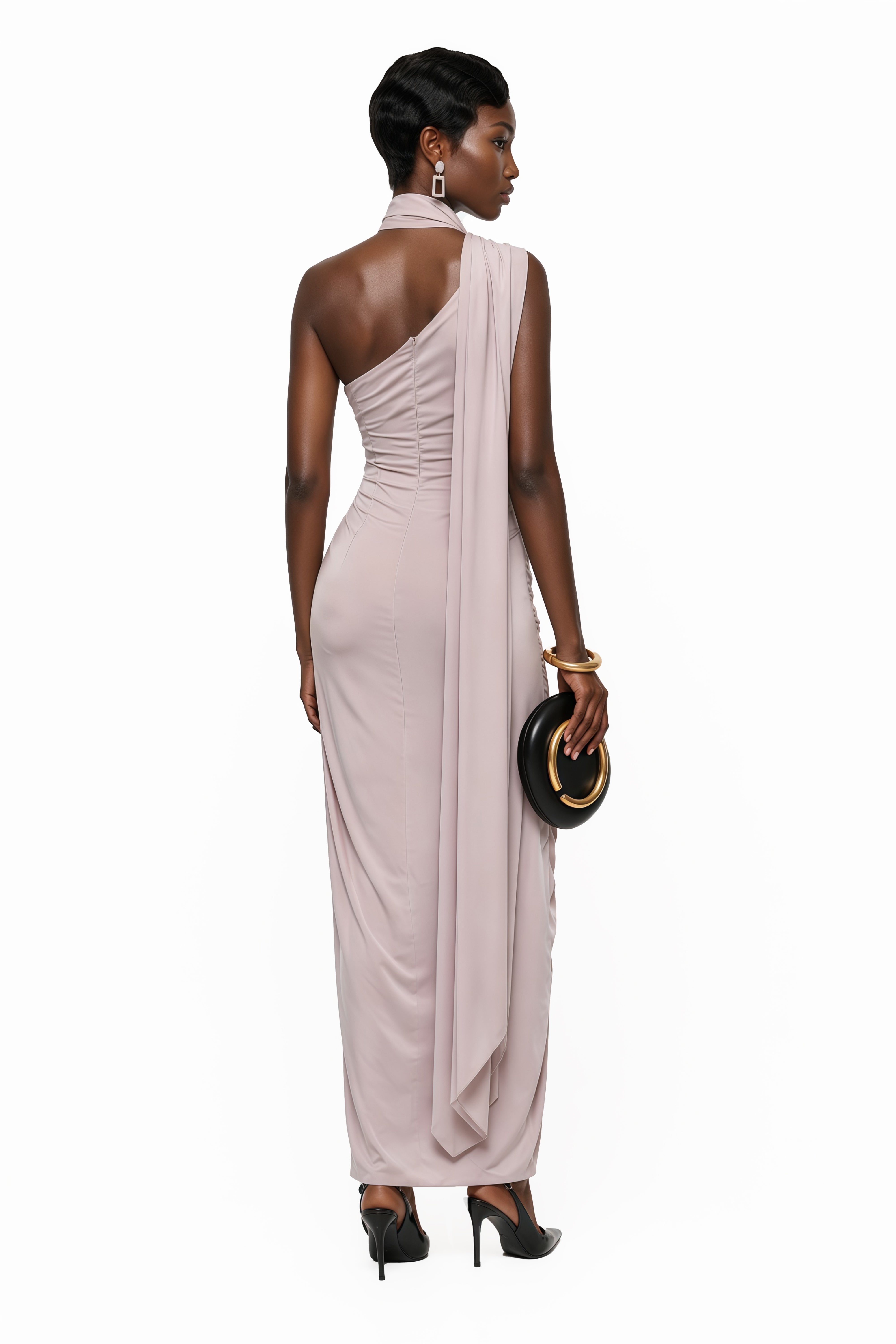 Wilhelmina – Maxikleid in Altrosa mit asymmetrischen Rüschen