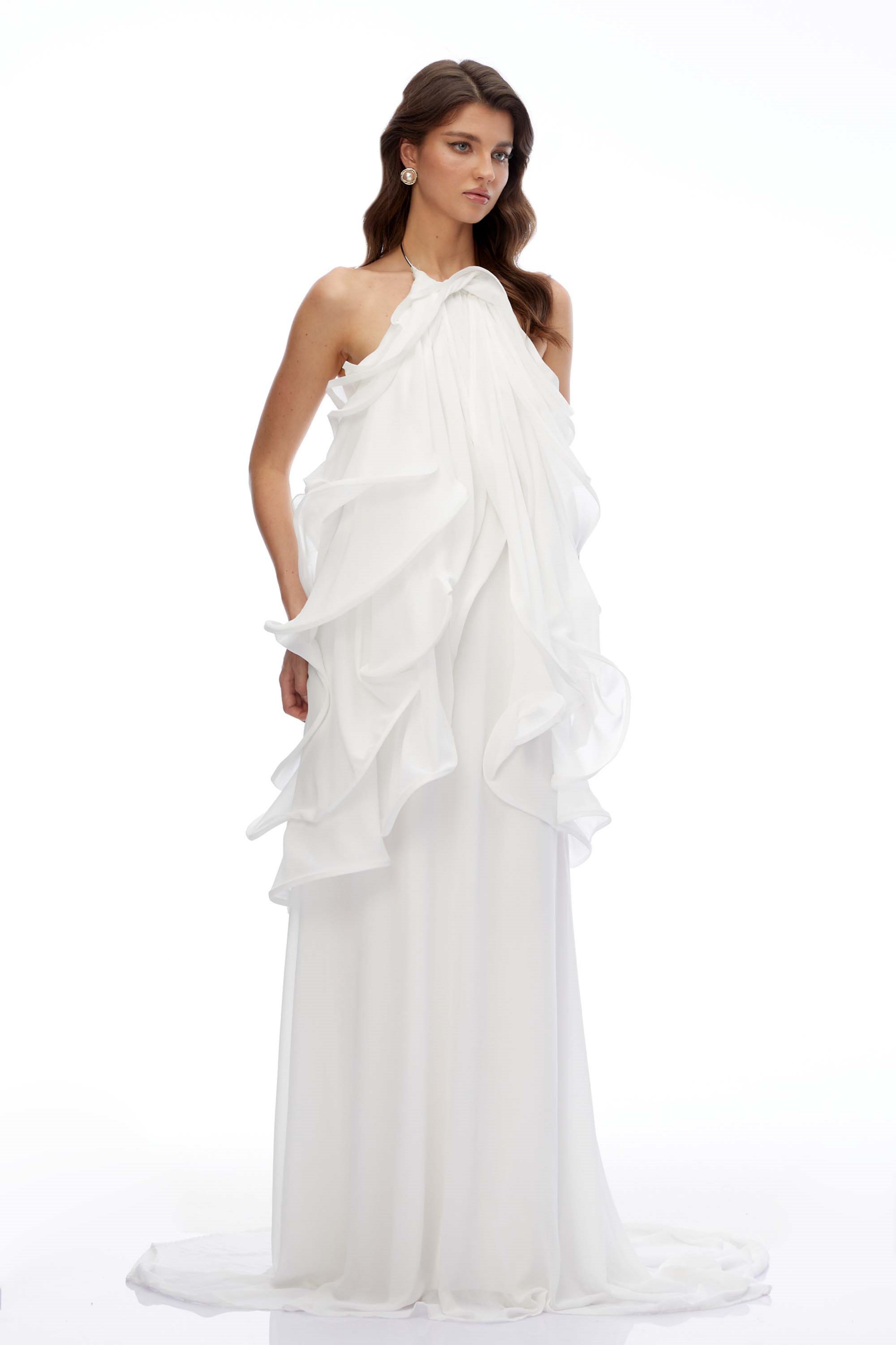 Winnie White Halterneck Ruffled Maxi Dress