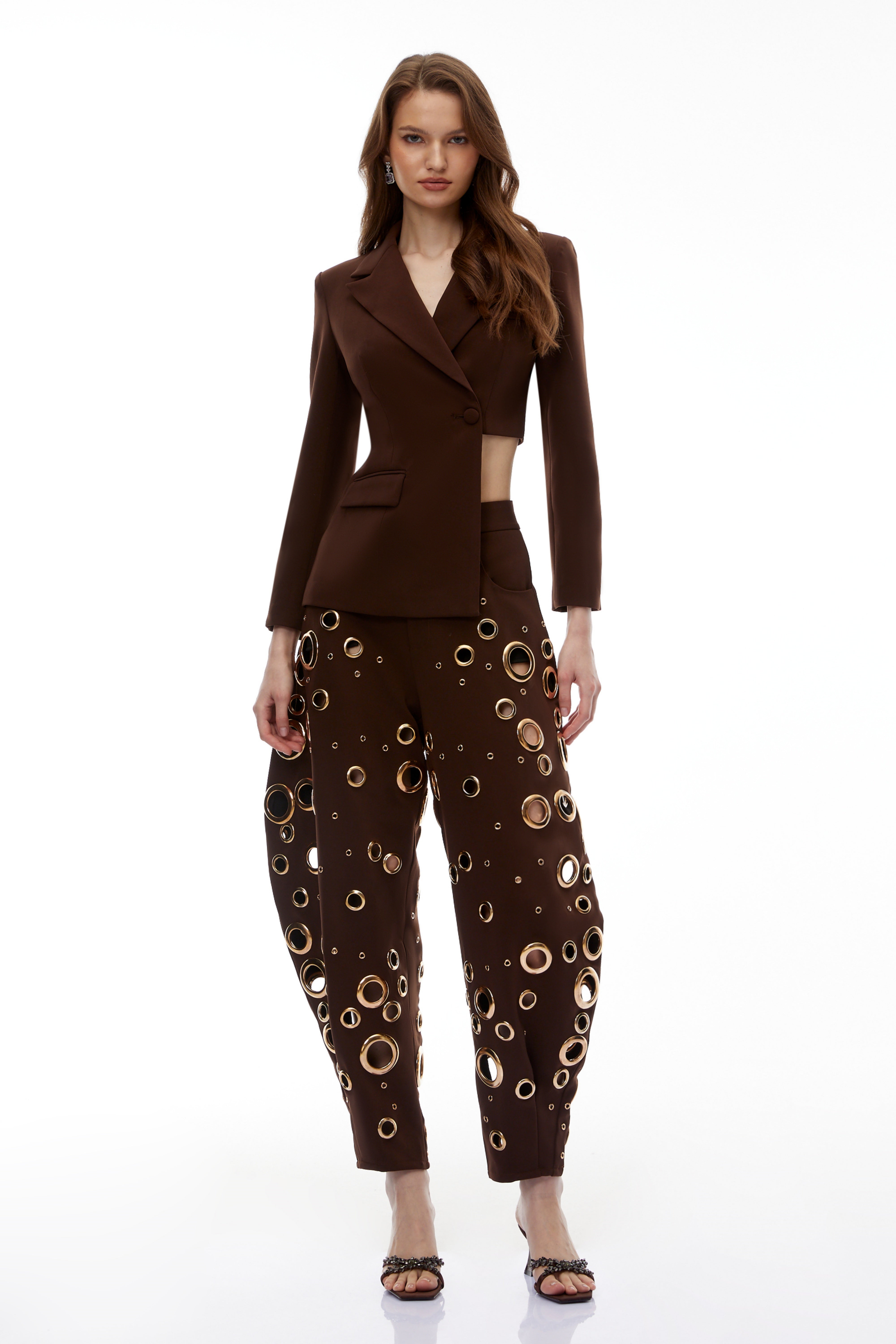 Xaviera Schokoladenbraunes asymmetrisches Blazer- und Hosen-Set mit Cut-Outs