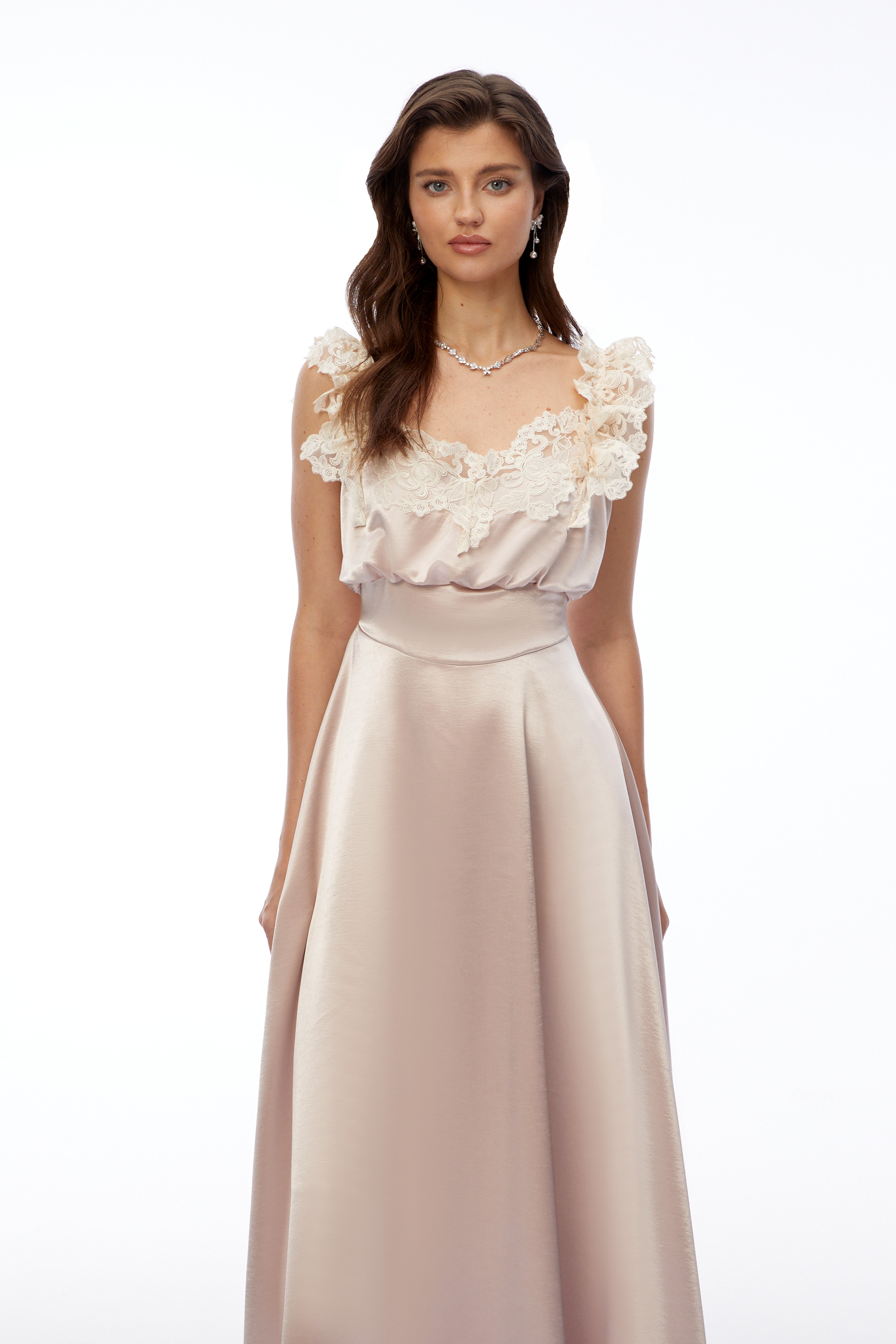 Xenia Champagne Pink V-Neck Maxi Dress with Lace Trim