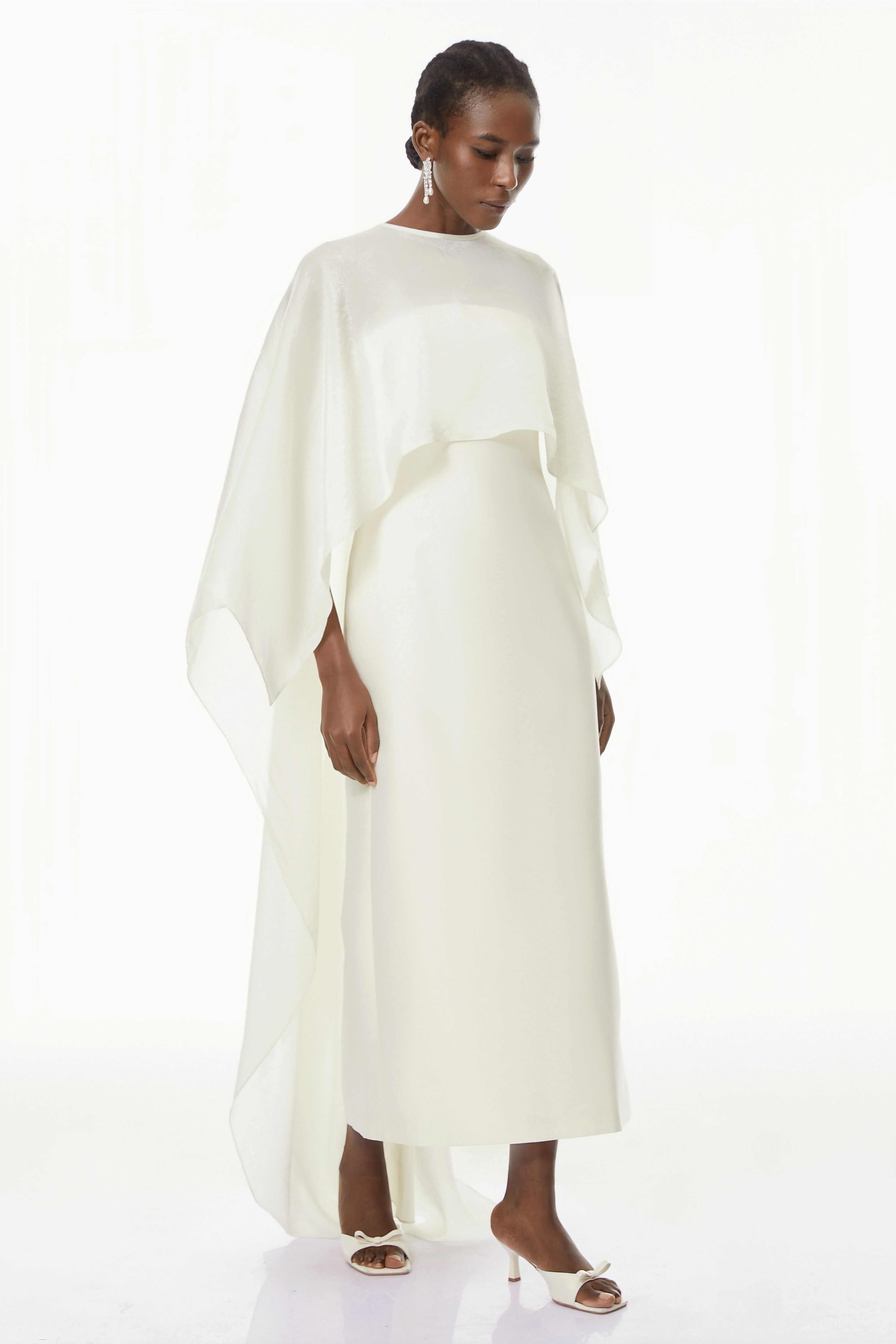 Xiomara White Cape Design Satin Maxi Dress