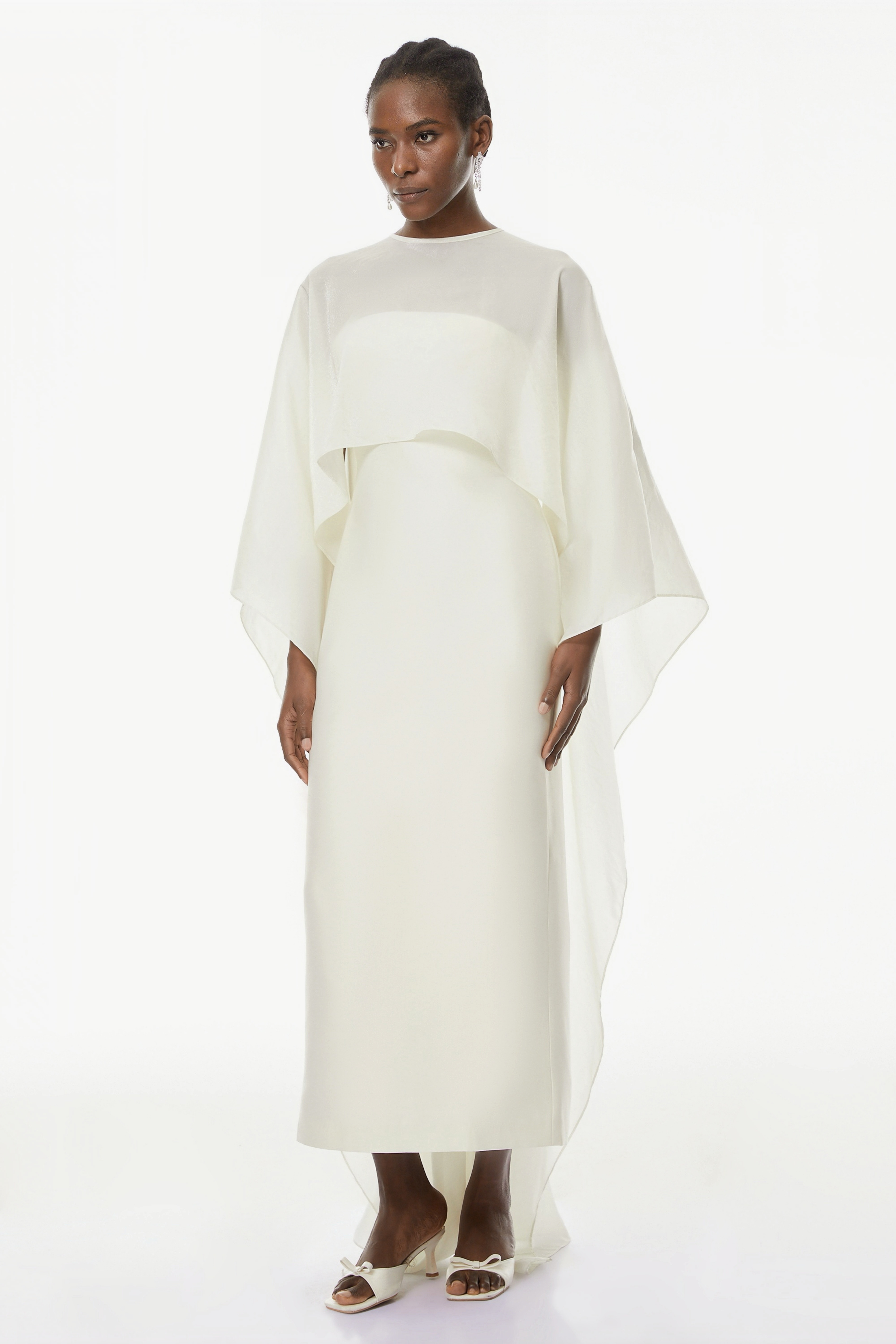 Xiomara White Cape Design Satin Maxi Dress